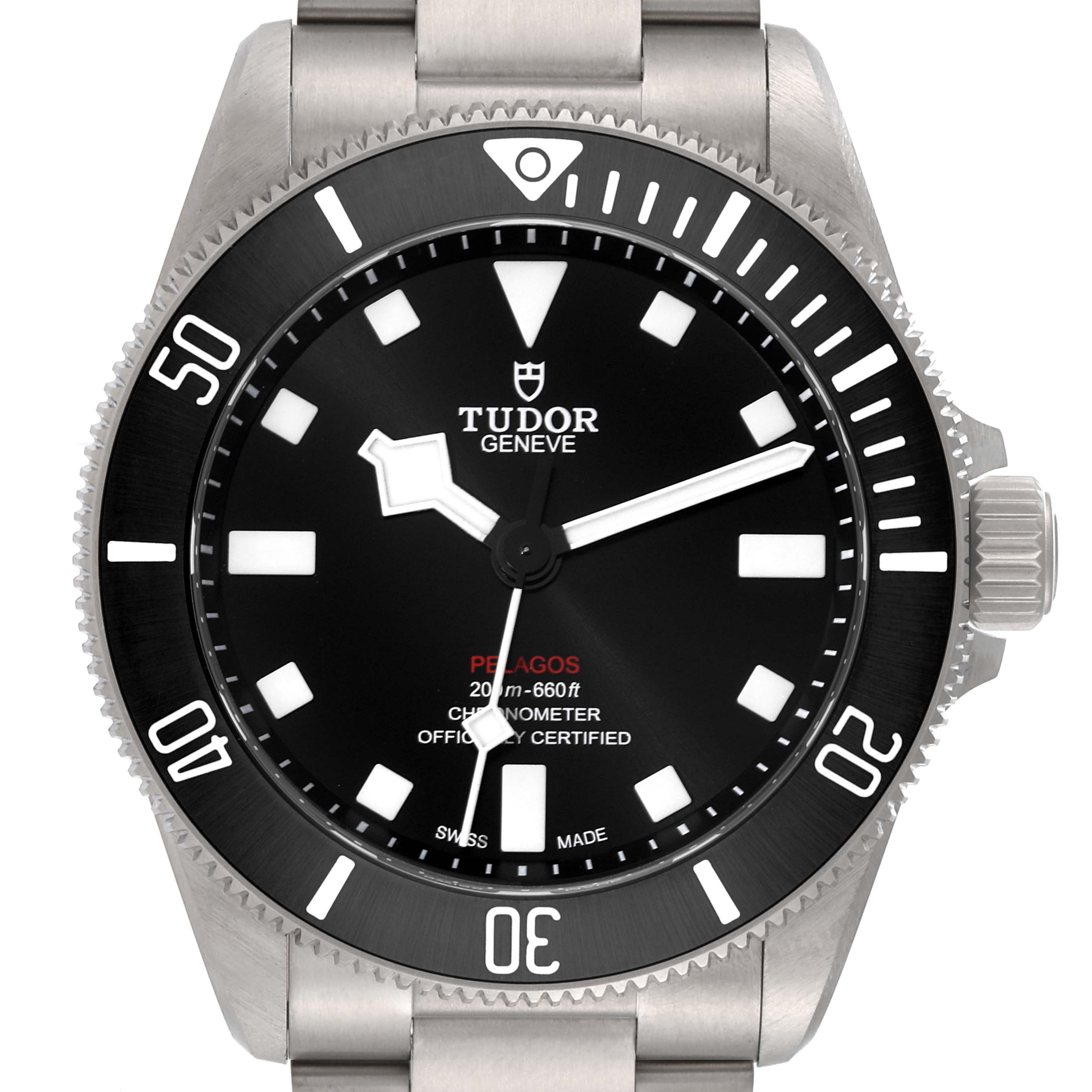 The image shows a front view of the Tudor Pelagos 25407N Men's Titanium Black Dial 25407N Men's Titanium Black Dial watch, highlighting its face, bezel, and part of the bracelet.