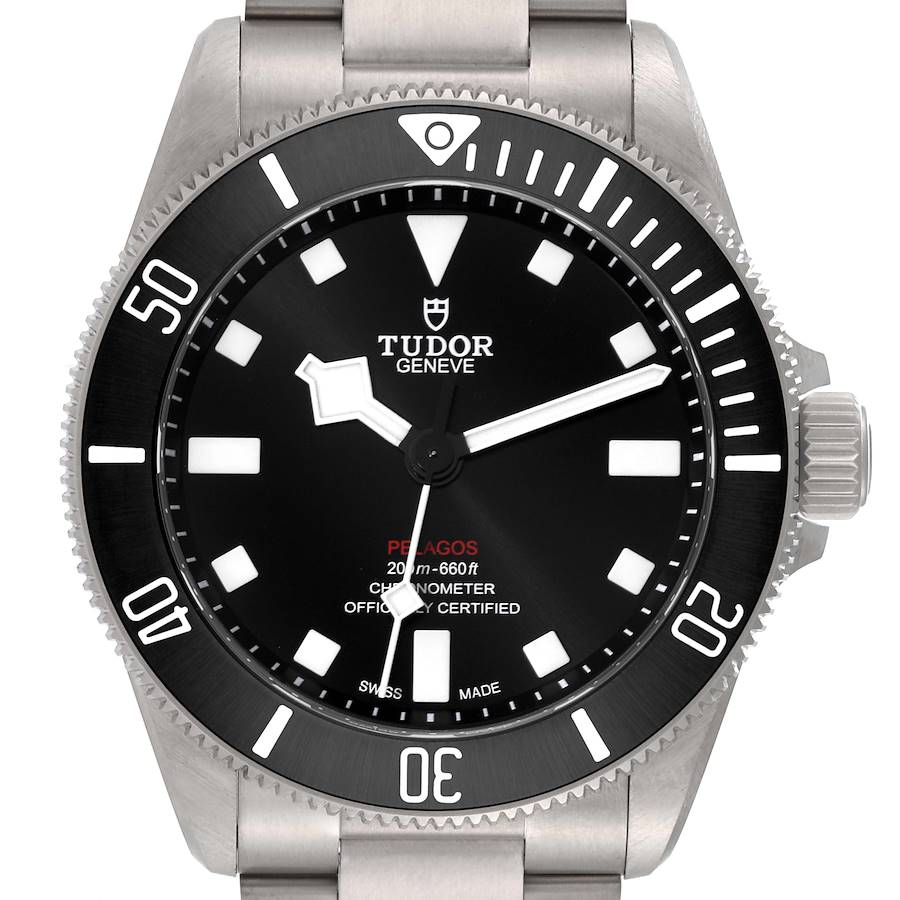 The image shows a front view of the Tudor Pelagos 25407N Men's Titanium Black Dial 25407N Men's Titanium Black Dial watch, highlighting its face, bezel, and part of the bracelet.