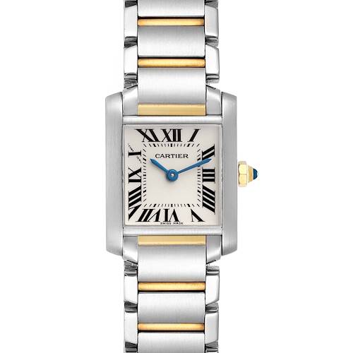 The image shows a front view of a Cartier Tank Francaise W51007Q4 Women's Steel and Gold (two tone) Silver Dial W51007Q4 Women's Steel and Gold (two tone) Silver Dial watch, highlighting its face, bezel, and part of the bracelet.