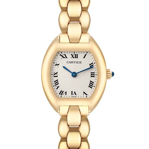 The image displays a front view of a Cartier Tonneau W15174P4 Women's Yellow Gold Silver Dial W15174P4 Women's Yellow Gold Silver Dial watch, highlighting its dial, hands, and part of the bracelet.