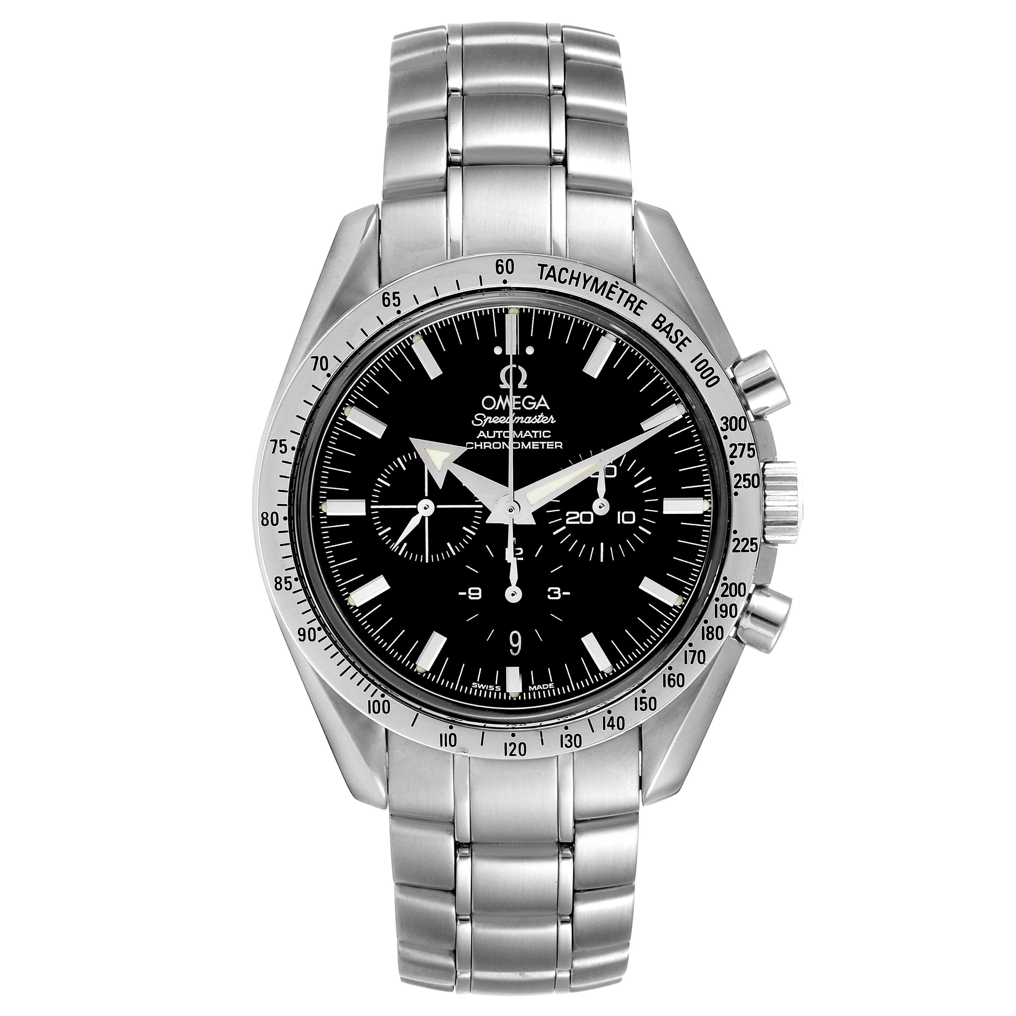The Omega Speedmaster 3551.50.00 Men's Stainless Steel Black Dial 3551.50.00 Men's Stainless Steel Black Dial watch is shown from a front angle, highlighting its stainless steel case, bracelet, and black dial with chronograph features.