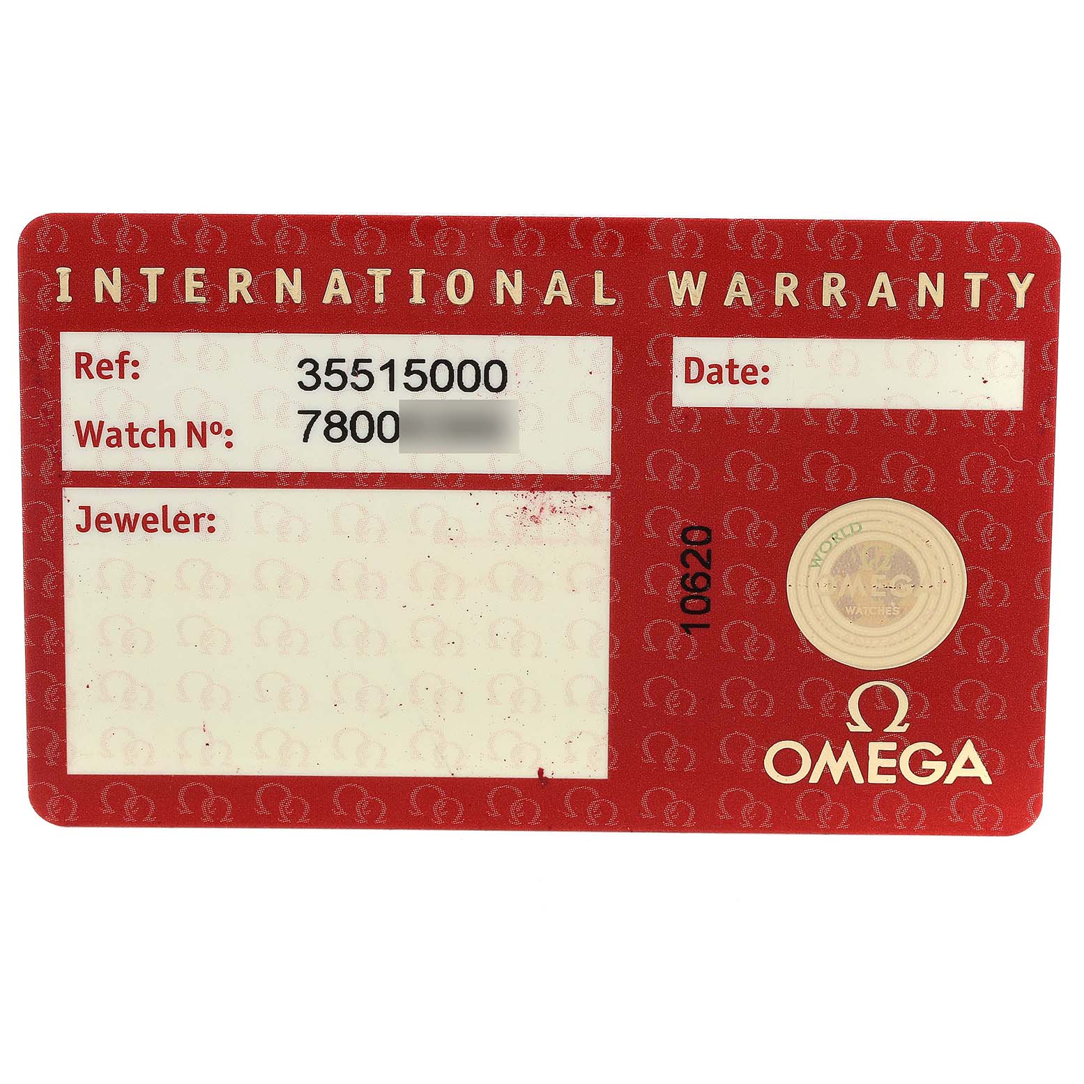 The image shows the international warranty card for an Omega Speedmaster 3551.50.00 Men's Stainless Steel Black Dial 3551.50.00 Men's Stainless Steel Black Dial watch, including reference number and watch number details.