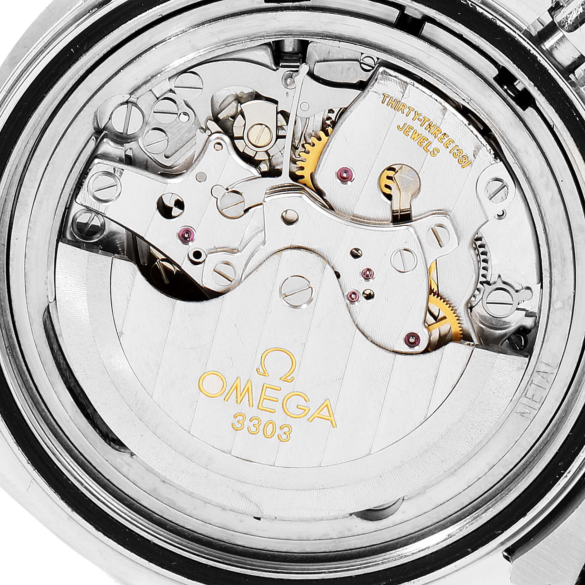 The image shows the intricate internal movement of the Omega Speedmaster 3551.50.00 Men's Stainless Steel Black Dial 3551.50.00 Men's Stainless Steel Black Dial with visible gears, jewels, and the Omega 3303 engraving.