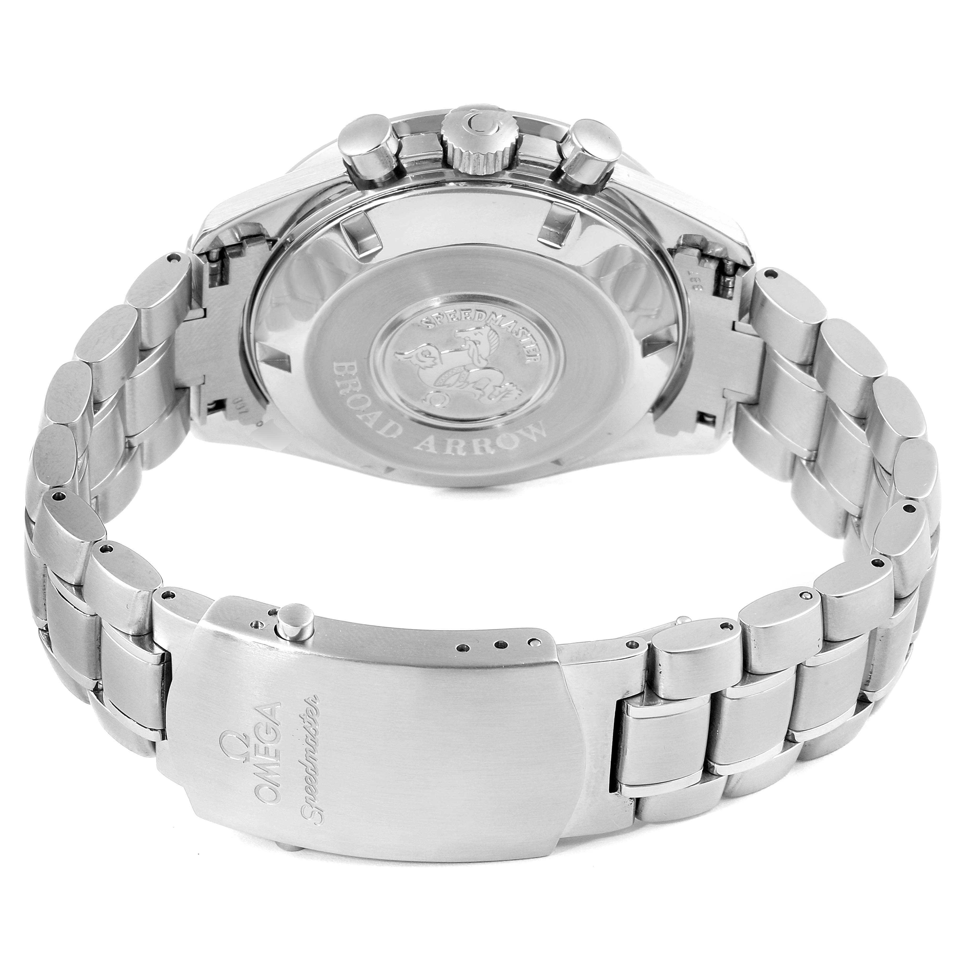 The image shows the back view of an Omega Speedmaster 3551.50.00 Men's Stainless Steel Black Dial 3551.50.00 Men's Stainless Steel Black Dial watch, highlighting the case back, bracelet, and clasp.