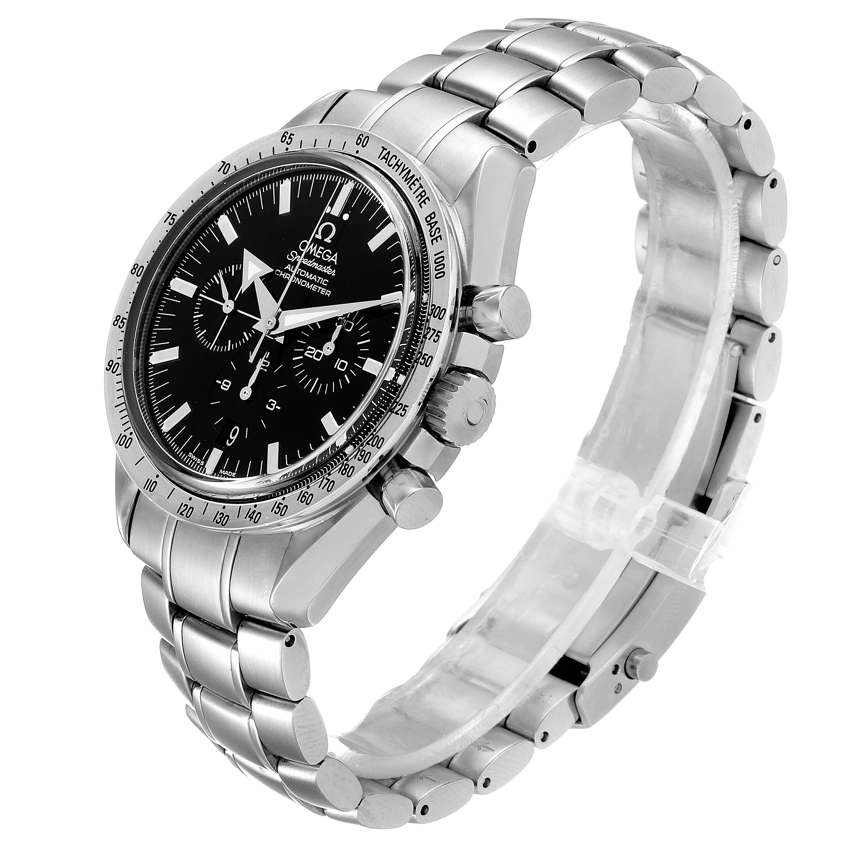 The Omega Speedmaster 3551.50.00 Men's Stainless Steel Black Dial 3551.50.00 Men's Stainless Steel Black Dial watch is shown at a 3/4 angle, displaying the case, bracelet, and chronograph subdials.