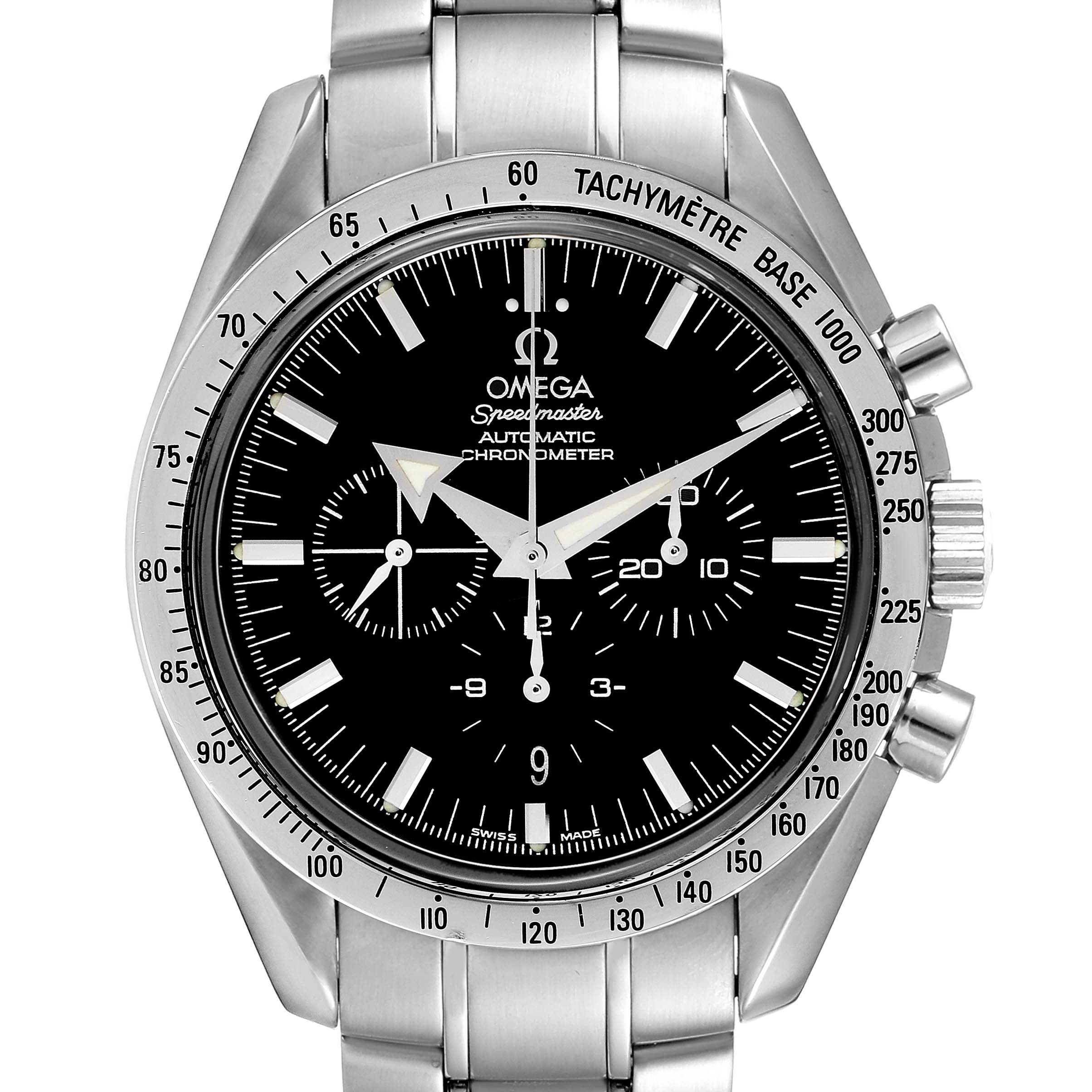 The image shows a frontal view of an Omega Speedmaster 3551.50.00 Men's Stainless Steel Black Dial 3551.50.00 Men's Stainless Steel Black Dial watch with its dial, tachymeter bezel, and pushers visible.