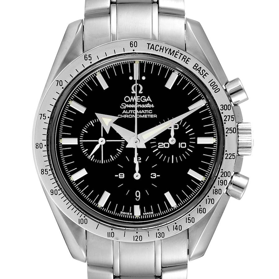 The image shows a frontal view of an Omega Speedmaster 3551.50.00 Men's Stainless Steel Black Dial 3551.50.00 Men's Stainless Steel Black Dial watch with its dial, tachymeter bezel, and pushers visible.