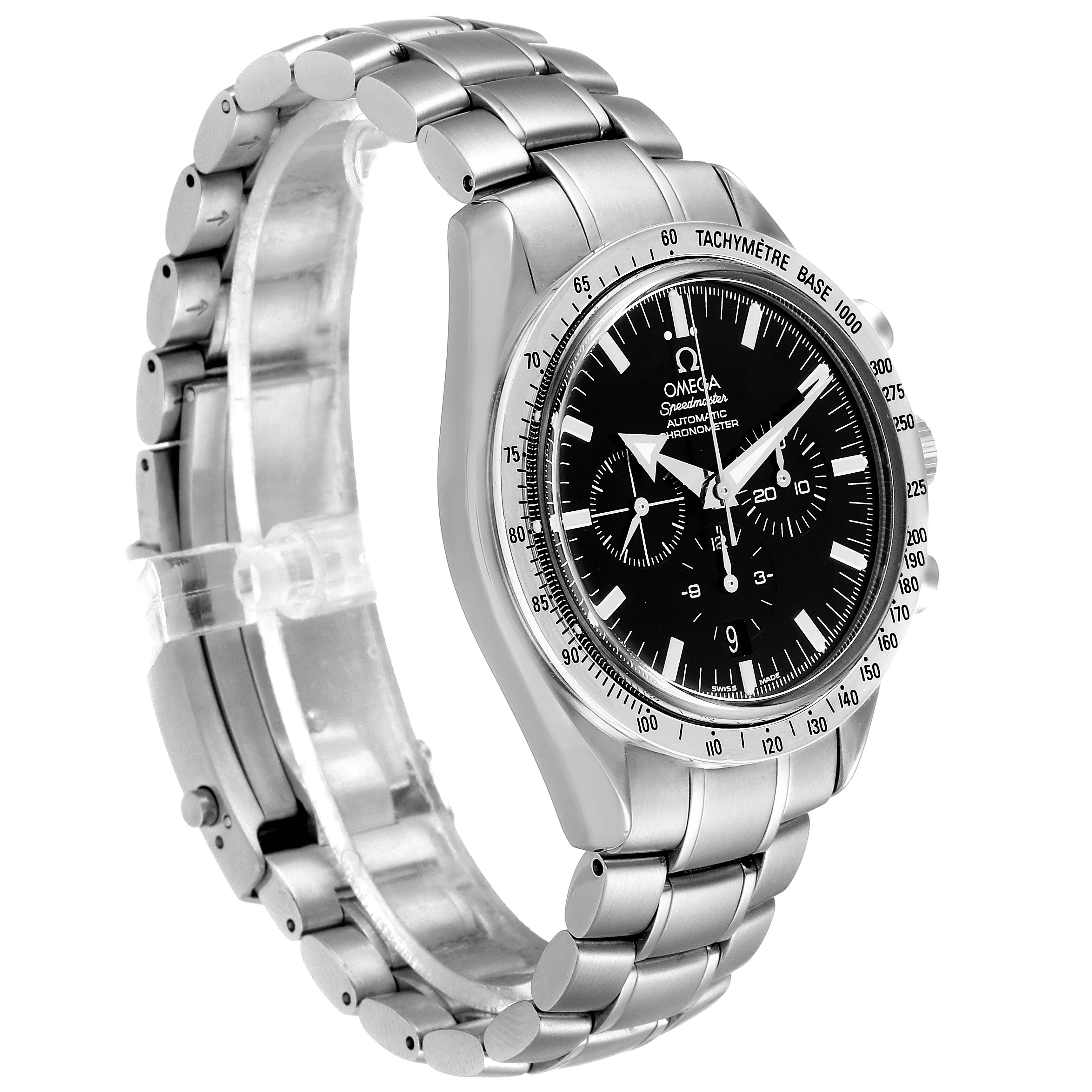 The image shows an Omega Speedmaster 3551.50.00 Men's Stainless Steel Black Dial 3551.50.00 Men's Stainless Steel Black Dial watch angled to display the face, bezel, and bracelet.