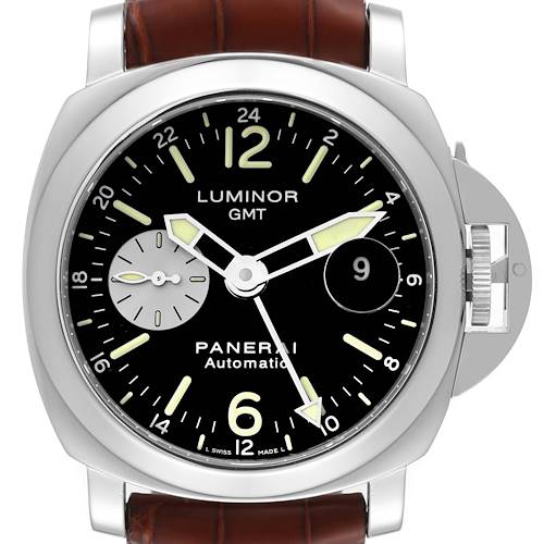 This image shows a front view of a Panerai Luminor PAM00088 Men's Stainless Steel Black Dial PAM00088 Men's Stainless Steel Black Dial GMT watch, including the face, hands, indices, and part of the strap.