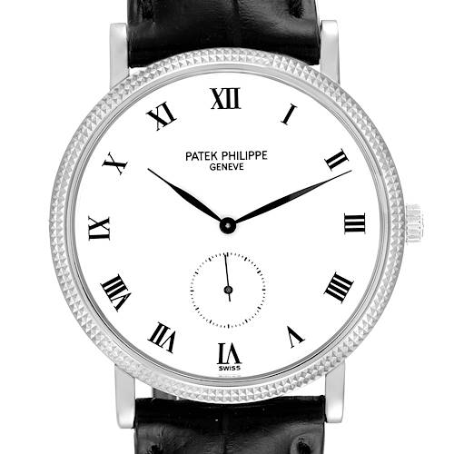 The image shows a frontal view of a Patek Philippe Calatrava 3919 Men's White Gold White Dial 3919 Men's White Gold White Dial watch, highlighting the dial, hands, and part of the leather strap.