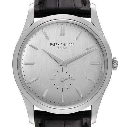The image shows a front view of the Patek Philippe Calatrava 5196G Men's White Gold Silver Dial 5196G Men's White Gold Silver Dial watch, highlighting the dial, hands, and leather strap.