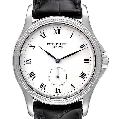 The image shows a front view of a Patek Philippe Calatrava 5115G Men's White Gold White Dial 5115G Men's White Gold White Dial watch, highlighting its dial, bezel, and leather strap.