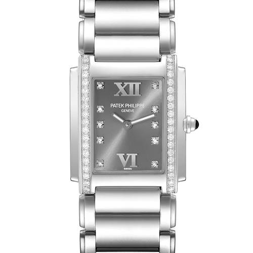 This image shows the front view of a Patek Philippe Twenty-4 4910/10A Women's Stainless Steel Grey Dial 4910/10A Women's Stainless Steel Grey Dial watch, highlighting its rectangular dial and metallic bracelet.