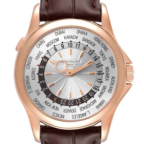 This image shows a straight-on view of the dial and bezel of the Patek Philippe Complications 5130R Men's Rose Gold Silver Dial 5130R Men's Rose Gold Silver Dial watch.