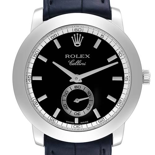 This image shows the front view of a Rolex Cellini 5241 Men's Platinum Black Dial 5241 Men's Platinum Black Dial watch, highlighting the dial, hands, crown, and strap.