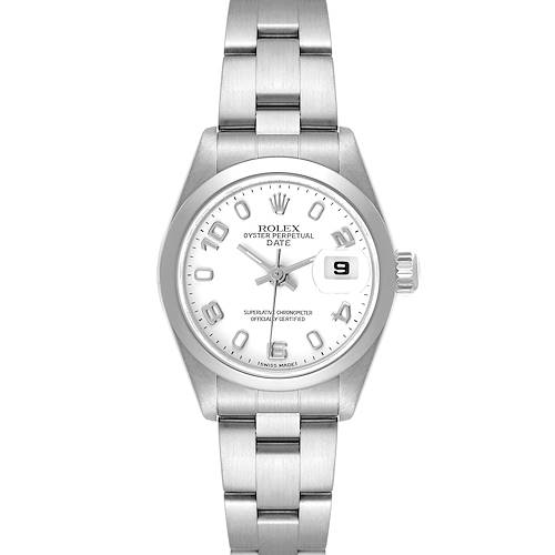 This image shows a front view of a Rolex Date 79160 Women's Stainless Steel White Dial 79160 Women's Stainless Steel White Dial watch, highlighting its dial, date window, and bracelet.