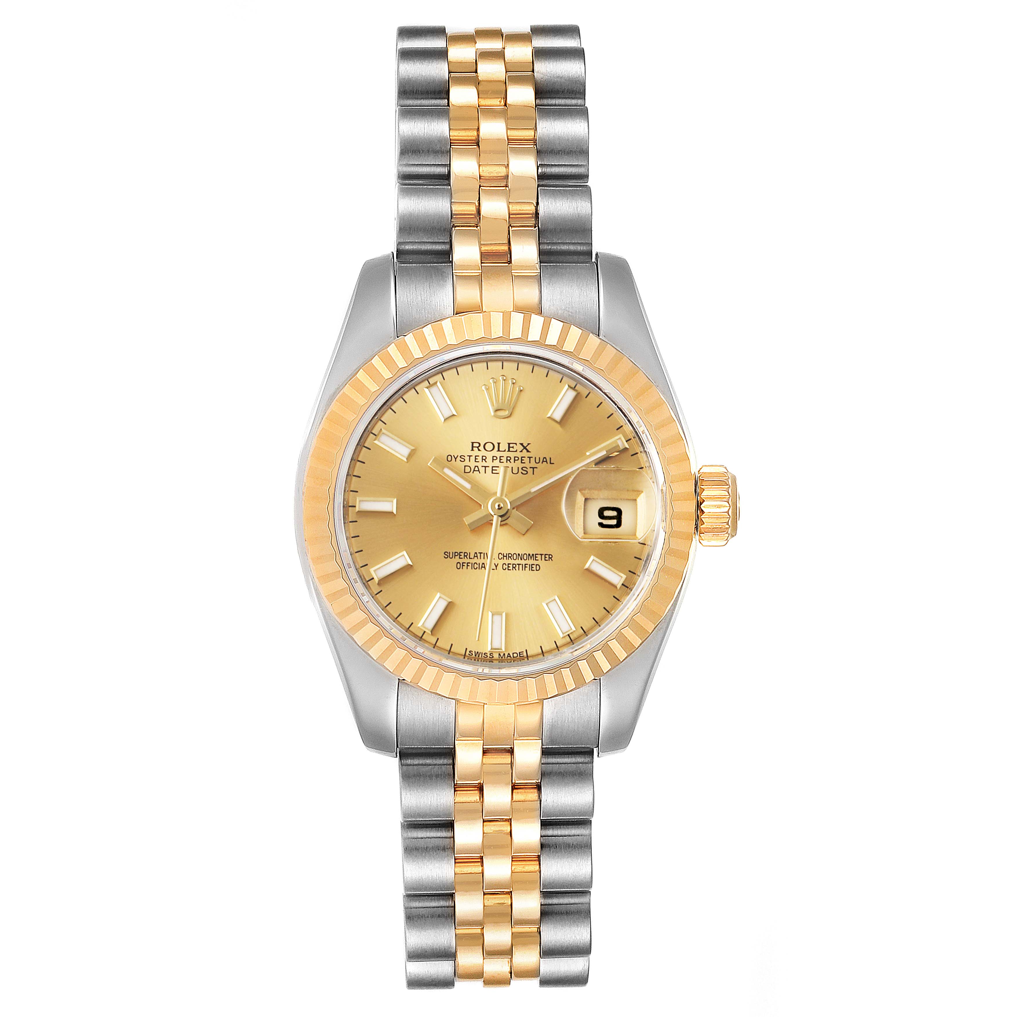 The Rolex Datejust 179173 Women's Steel and Gold (two tone) Champagne Dial 179173 Women's Steel and Gold (two tone) Champagne Dial watch is shown from a top-down angle, displaying the dial, bezel, and bracelet.