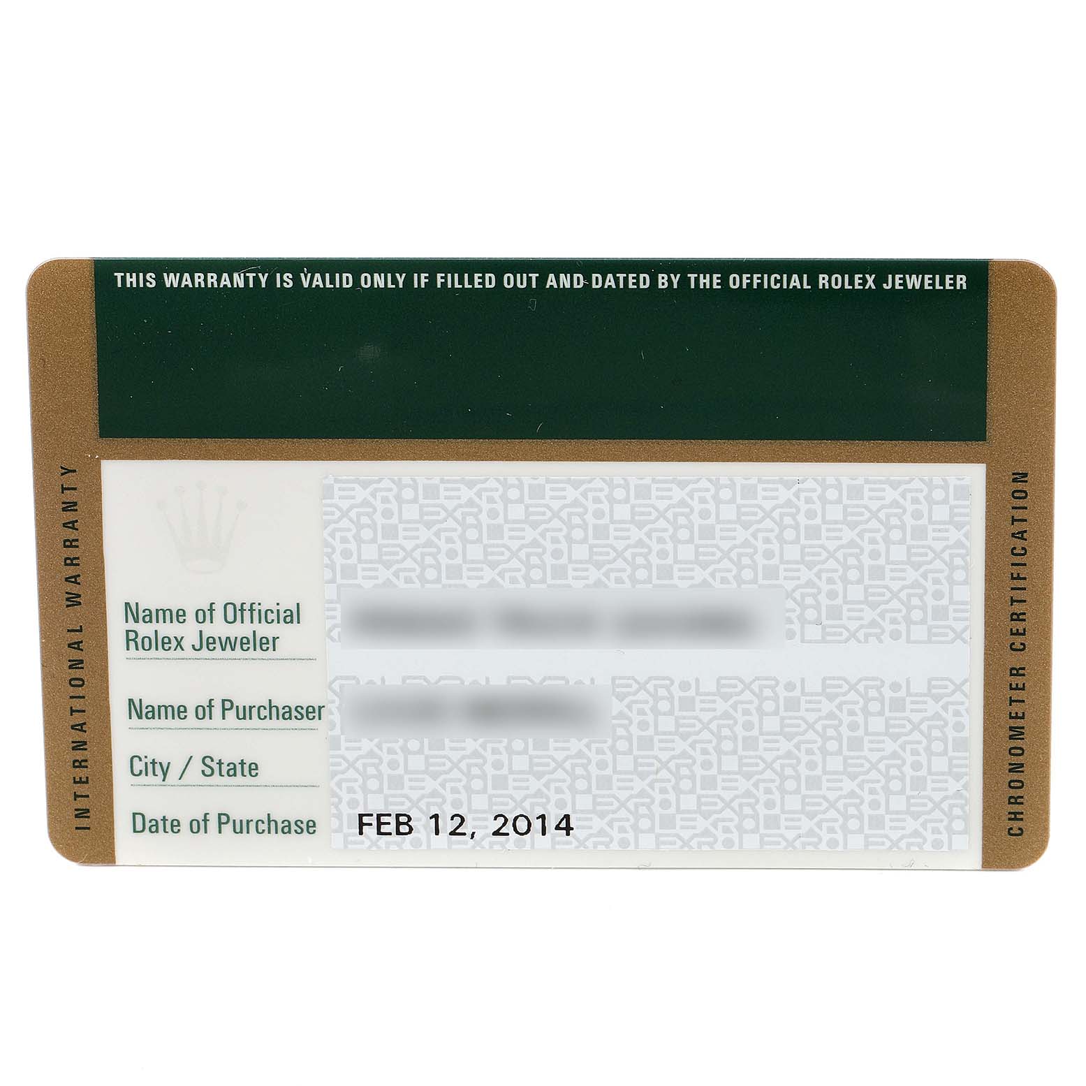 This image shows the official warranty card for the Rolex Datejust 179173 Women's Steel and Gold (two tone) Champagne Dial 179173 Women's Steel and Gold (two tone) Champagne Dial model, featuring purchase details and certifications.