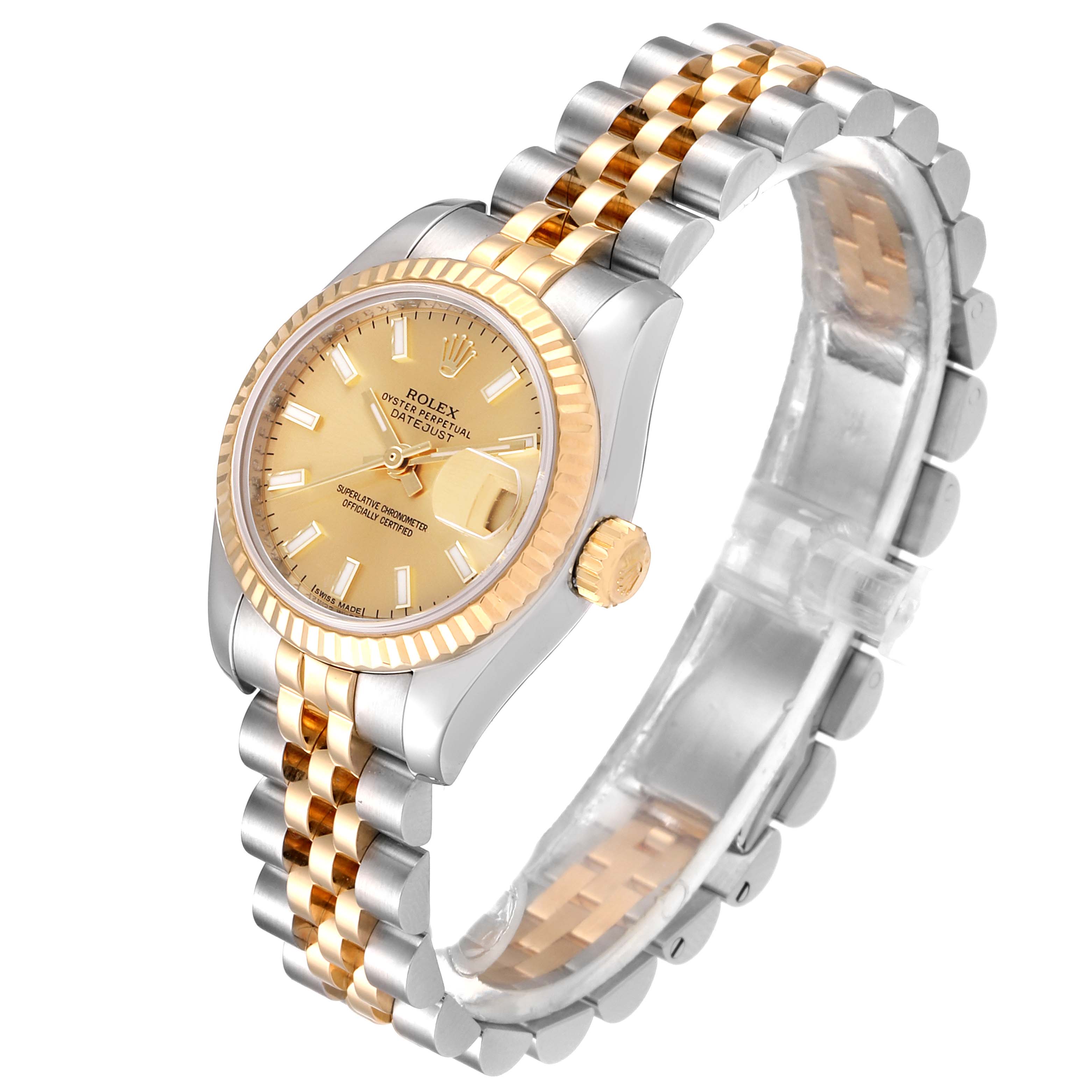 The Rolex Datejust 179173 Women's Steel and Gold (two tone) Champagne Dial 179173 Women's Steel and Gold (two tone) Champagne Dial watch is shown at an angle displaying the face, bezel, crown, and bracelet.