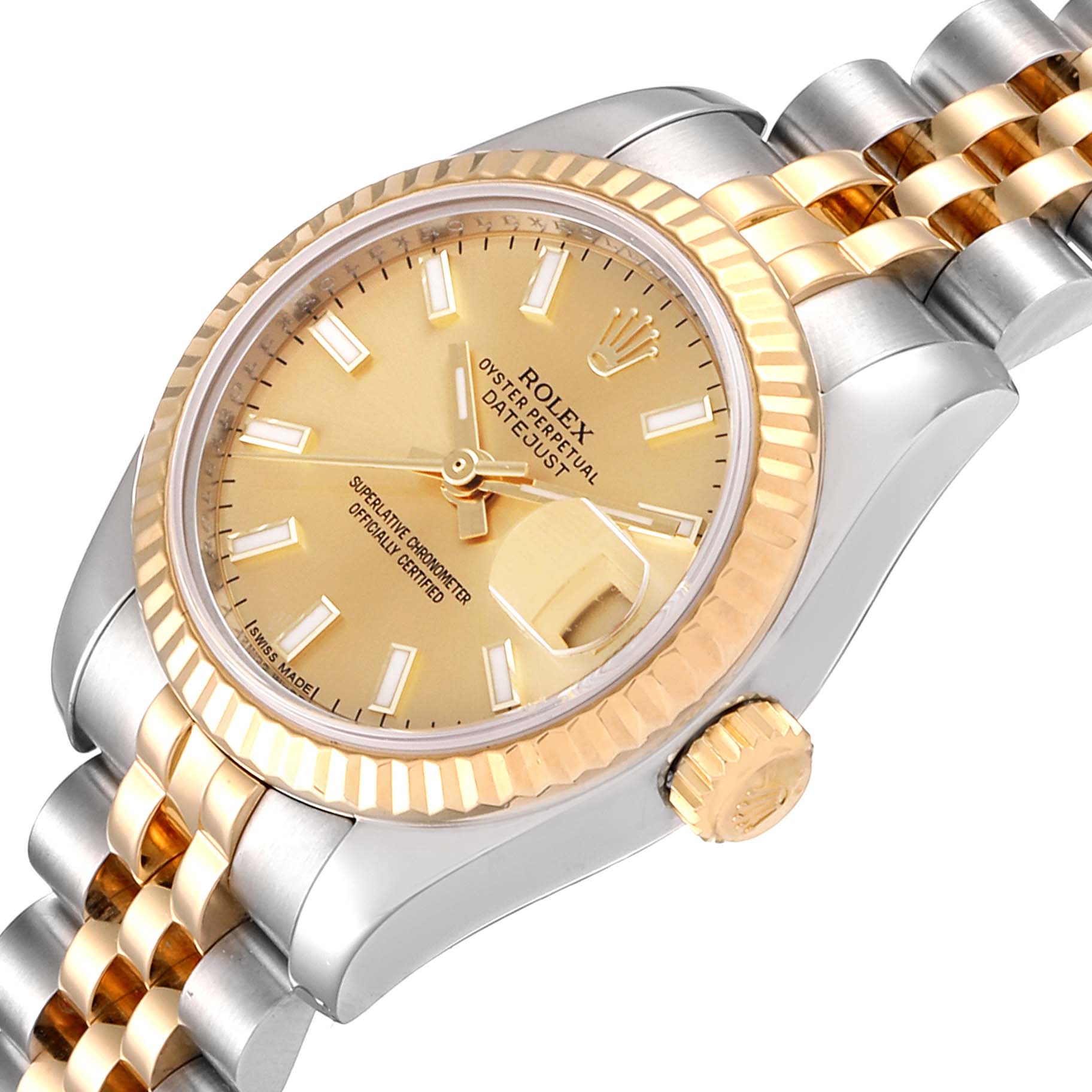 The image shows a Rolex Datejust 179173 Women's Steel and Gold (two tone) Champagne Dial 179173 Women's Steel and Gold (two tone) Champagne Dial watch at an angled top-down view, highlighting the dial, crown, bezel, and bracelet.