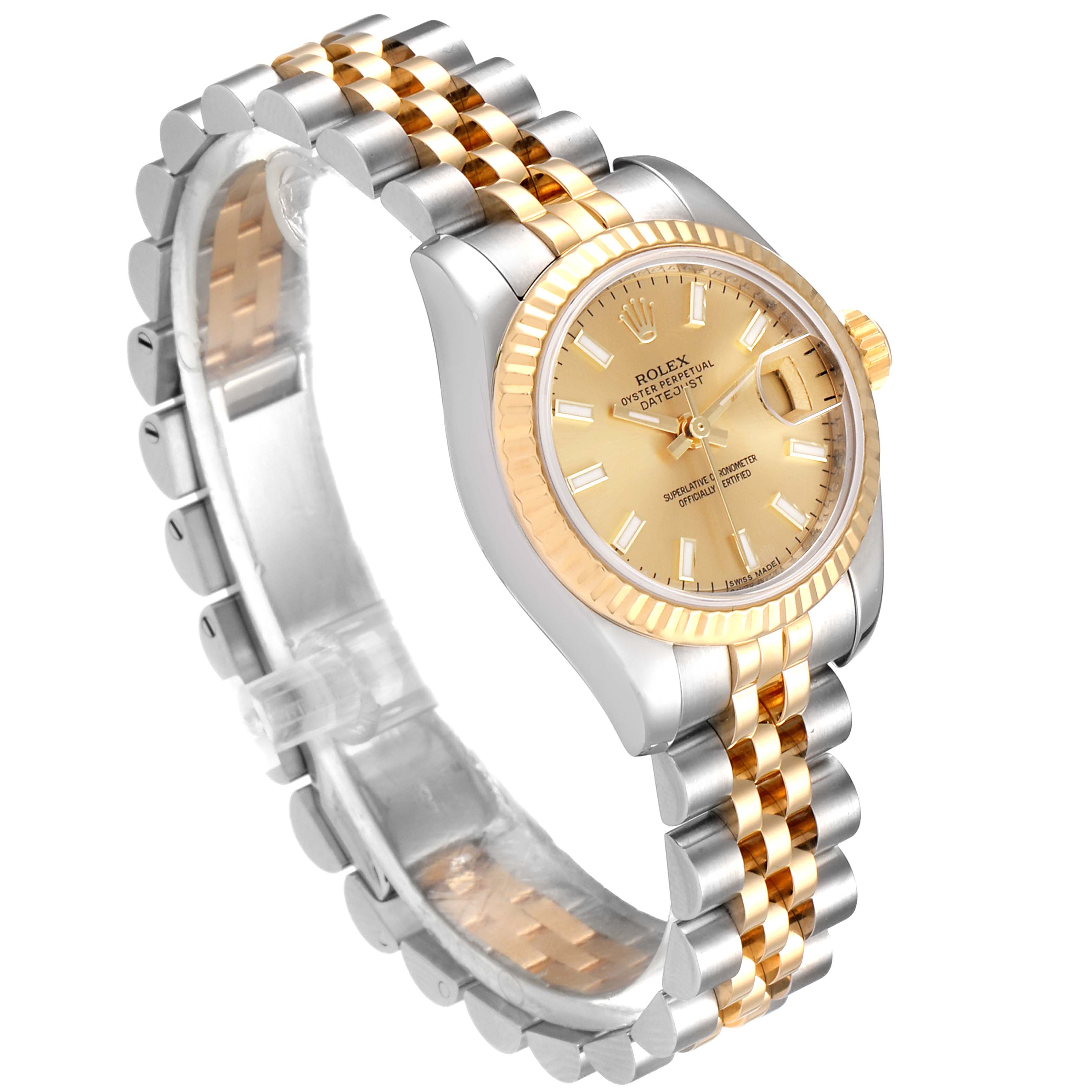 The Rolex Datejust 179173 Women's Steel and Gold (two tone) Champagne Dial 179173 Women's Steel and Gold (two tone) Champagne Dial model watch is shown at an oblique angle, highlighting its gold bezel, dial, and two-tone metal bracelet.
