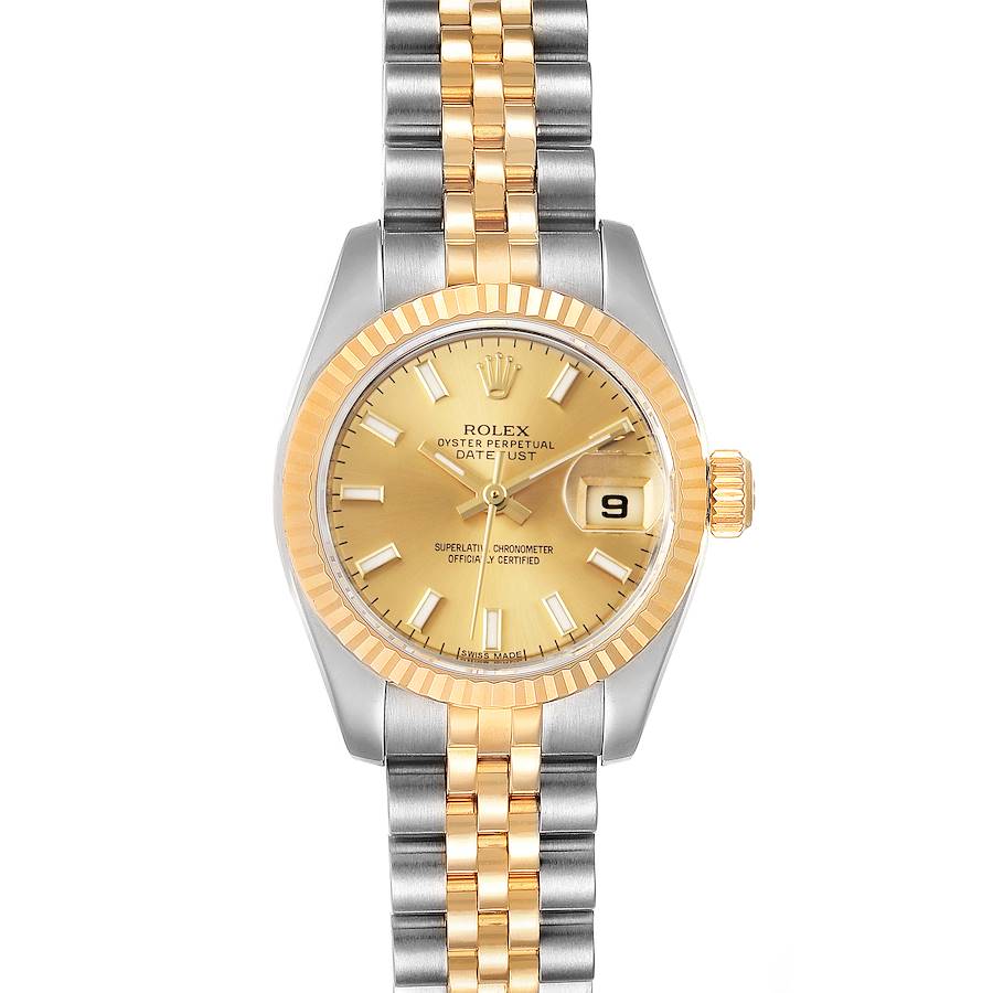 Frontal angle showing the face, bezel, crown, and bracelet of the Rolex Datejust 179173 Women's Steel and Gold (two tone) Champagne Dial 179173 Women's Steel and Gold (two tone) Champagne Dial model.