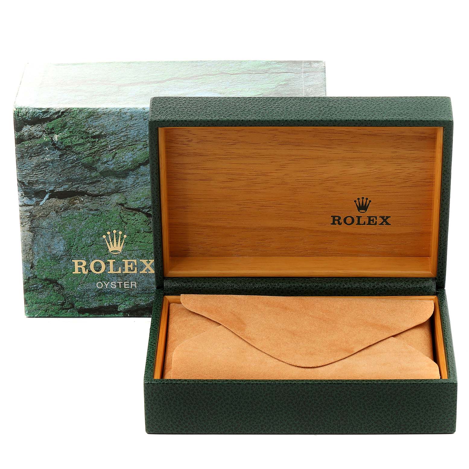 This image shows an open Rolex Datejust 16233 Men's Steel and Gold (two tone) Mother of Pearl Dial 16233 Men's Steel and Gold (two tone) Mother of Pearl Dial watch box with an outer box, inner wooden box, and protective pouch.