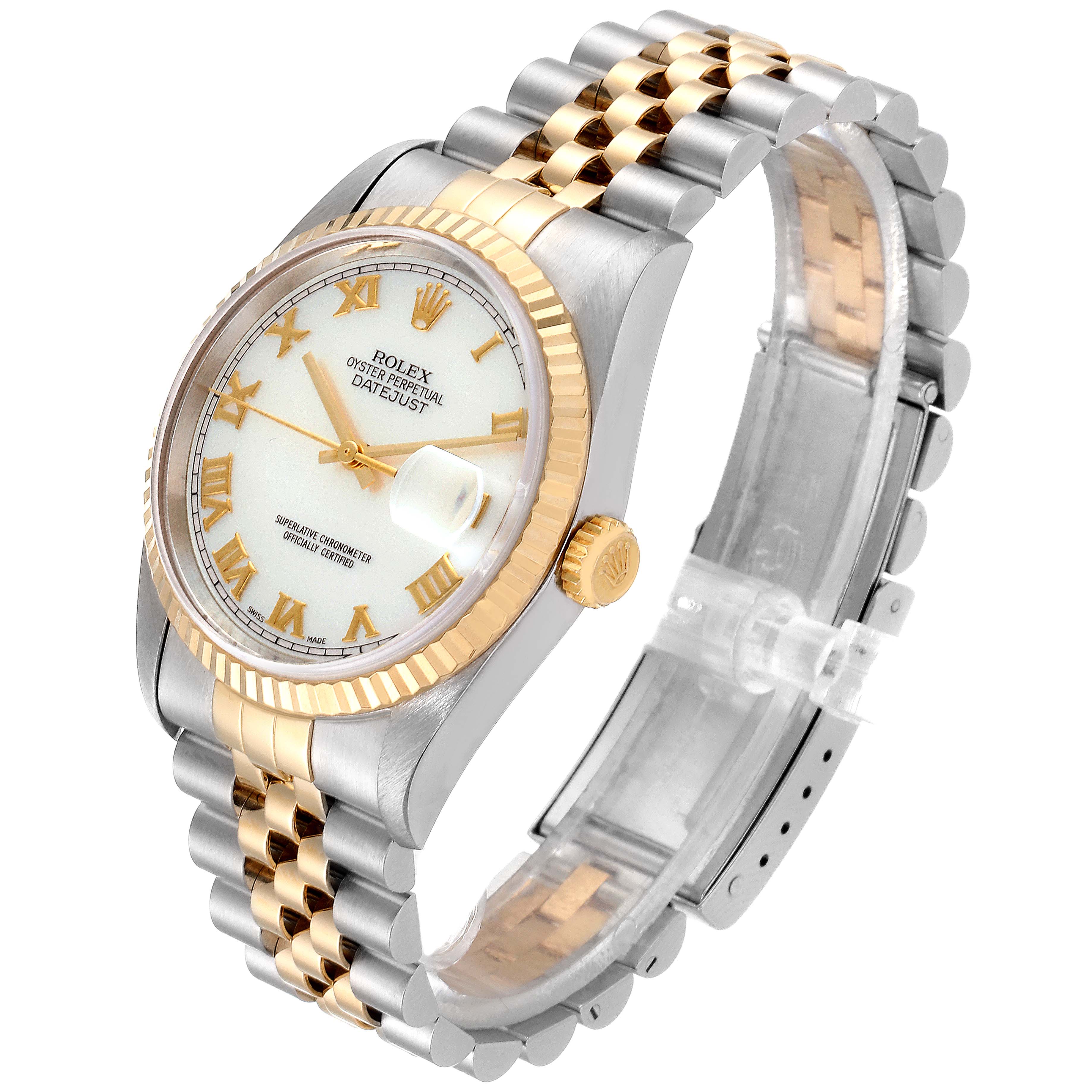 The image shows a Rolex Datejust 16233 Men's Steel and Gold (two tone) Mother of Pearl Dial 16233 Men's Steel and Gold (two tone) Mother of Pearl Dial watch at an oblique angle, displaying the face, bezel, crown, and bracelet.