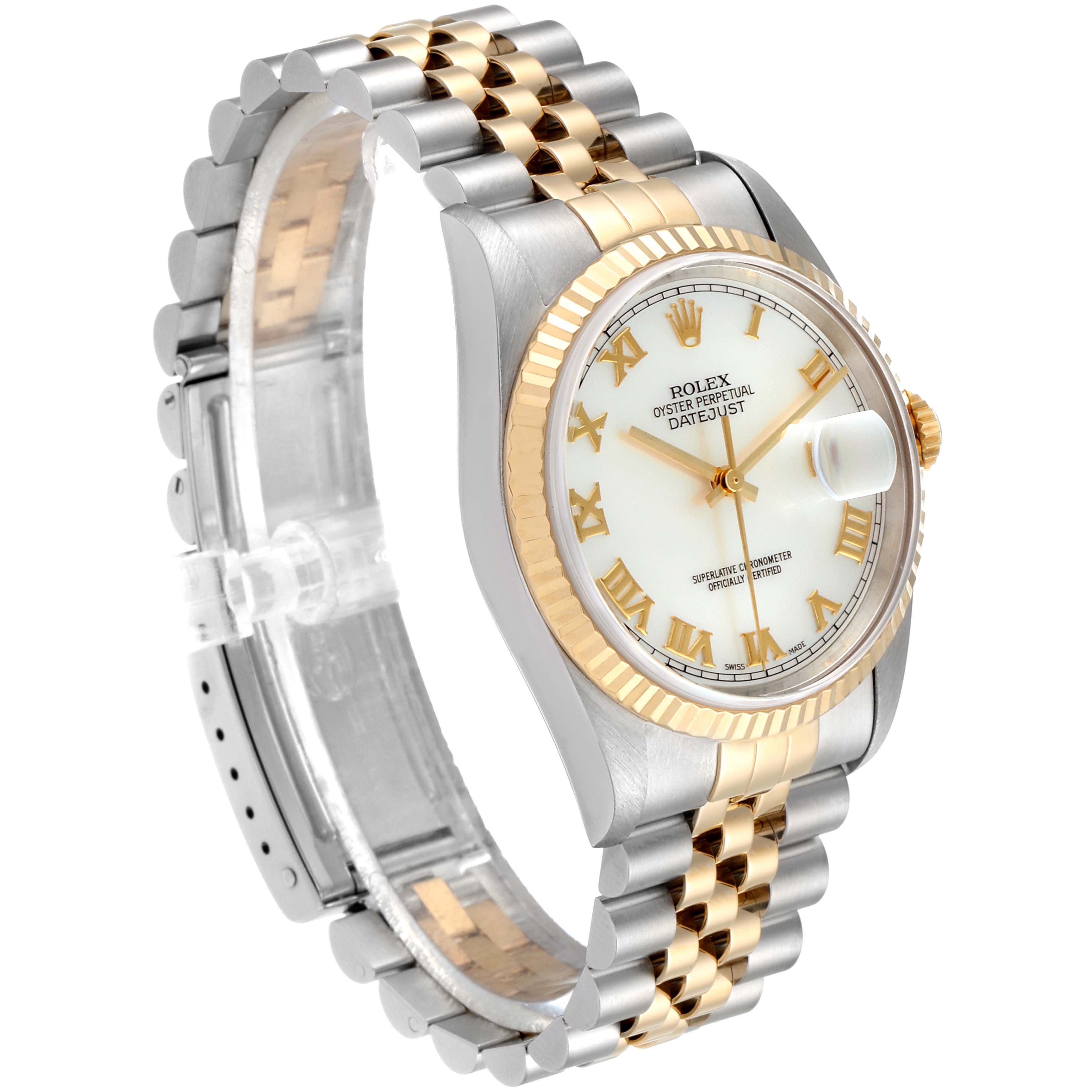 This image shows a Rolex Datejust 16233 Men's Steel and Gold (two tone) Mother of Pearl Dial 16233 Men's Steel and Gold (two tone) Mother of Pearl Dial watch at a three-quarter angle, highlighting its face, bezel, and Jubilee bracelet.