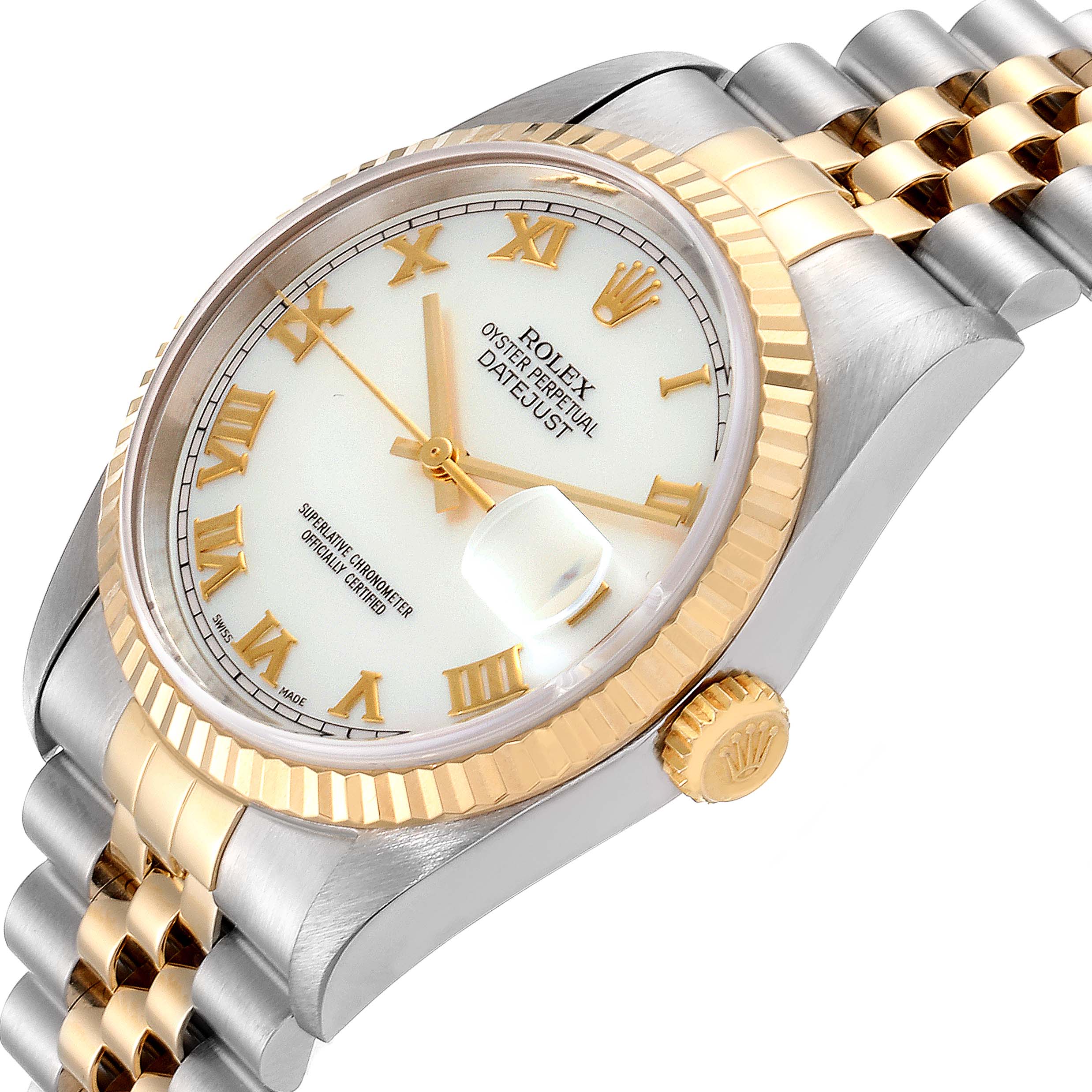 This image shows a Rolex Datejust 16233 Men's Steel and Gold (two tone) Mother of Pearl Dial 16233 Men's Steel and Gold (two tone) Mother of Pearl Dial watch from an angled side view, highlighting its face, bezel, crown, and part of the bracelet.