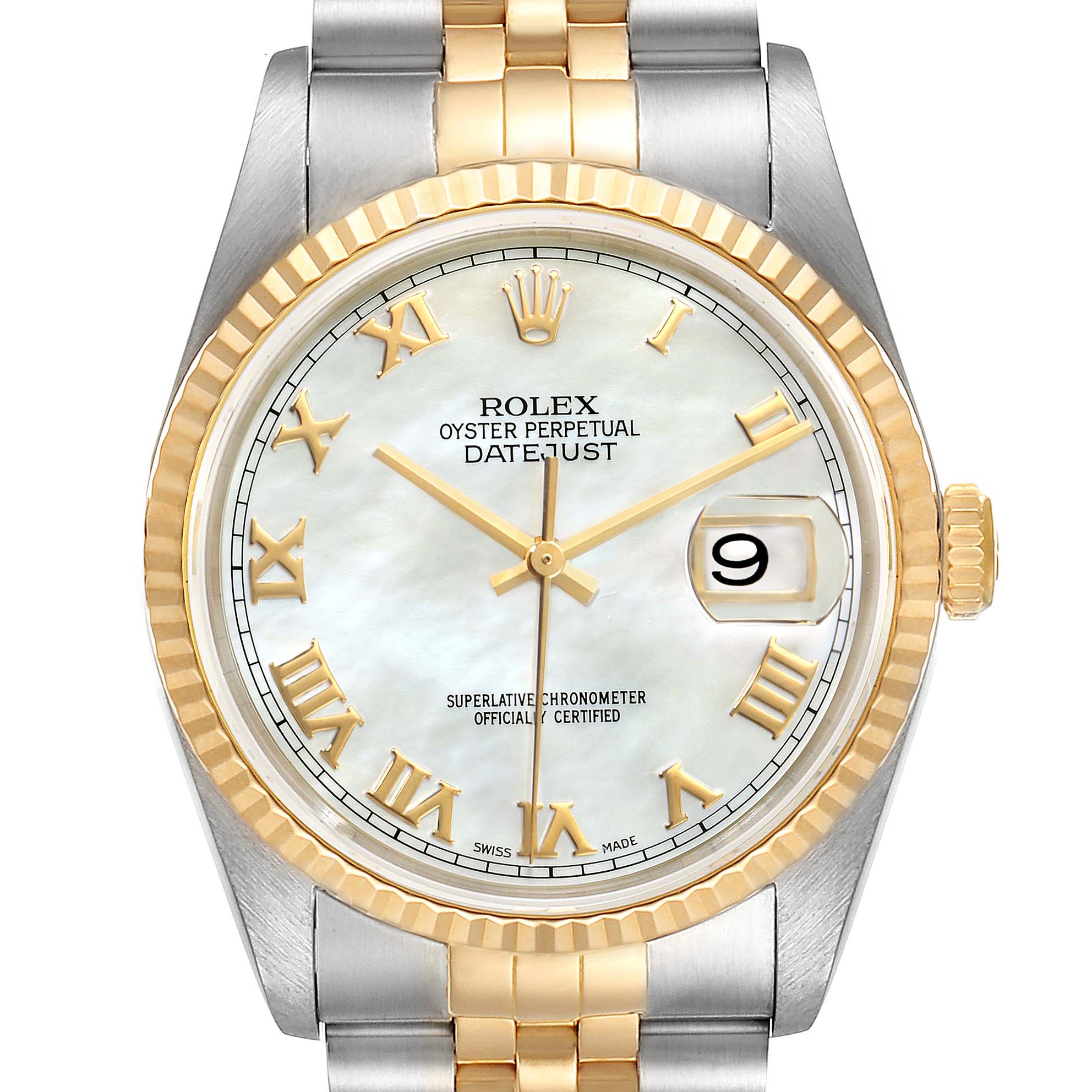 The image shows a front view of the Rolex Datejust 16233 Men's Steel and Gold (two tone) Mother of Pearl Dial 16233 Men's Steel and Gold (two tone) Mother of Pearl Dial watch, highlighting its dial, bezel, crown, and partial bracelet.