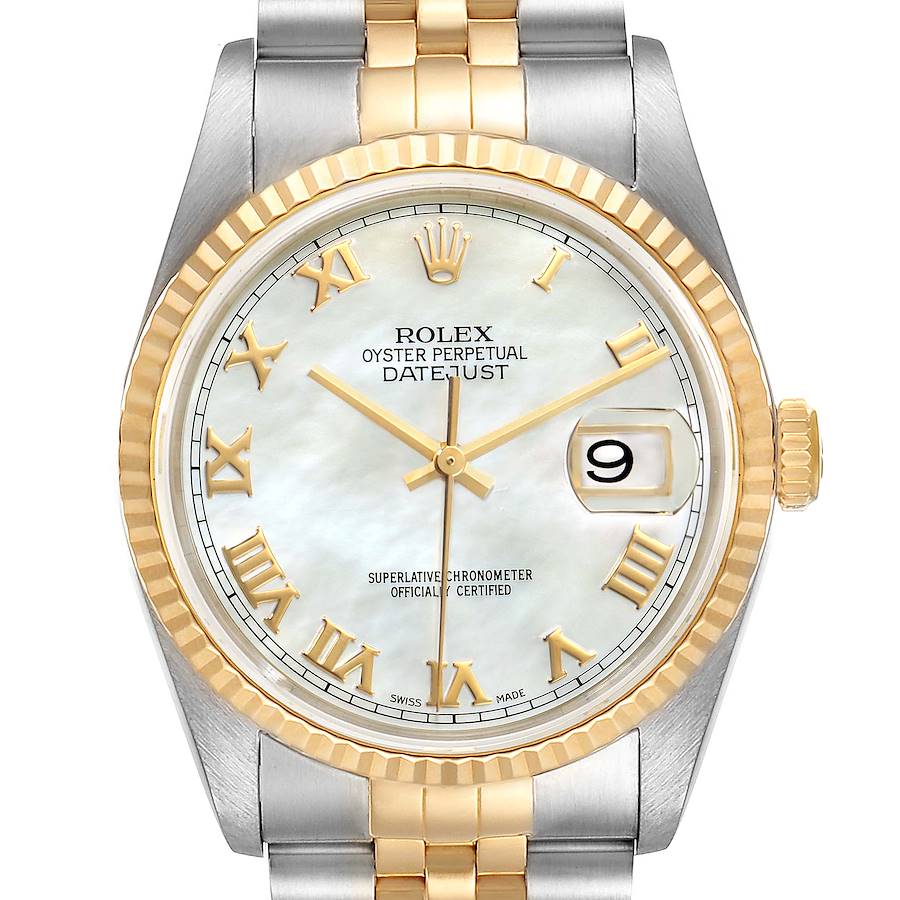 The image shows a front view of the Rolex Datejust 16233 Men's Steel and Gold (two tone) Mother of Pearl Dial 16233 Men's Steel and Gold (two tone) Mother of Pearl Dial watch, highlighting its dial, bezel, crown, and partial bracelet.