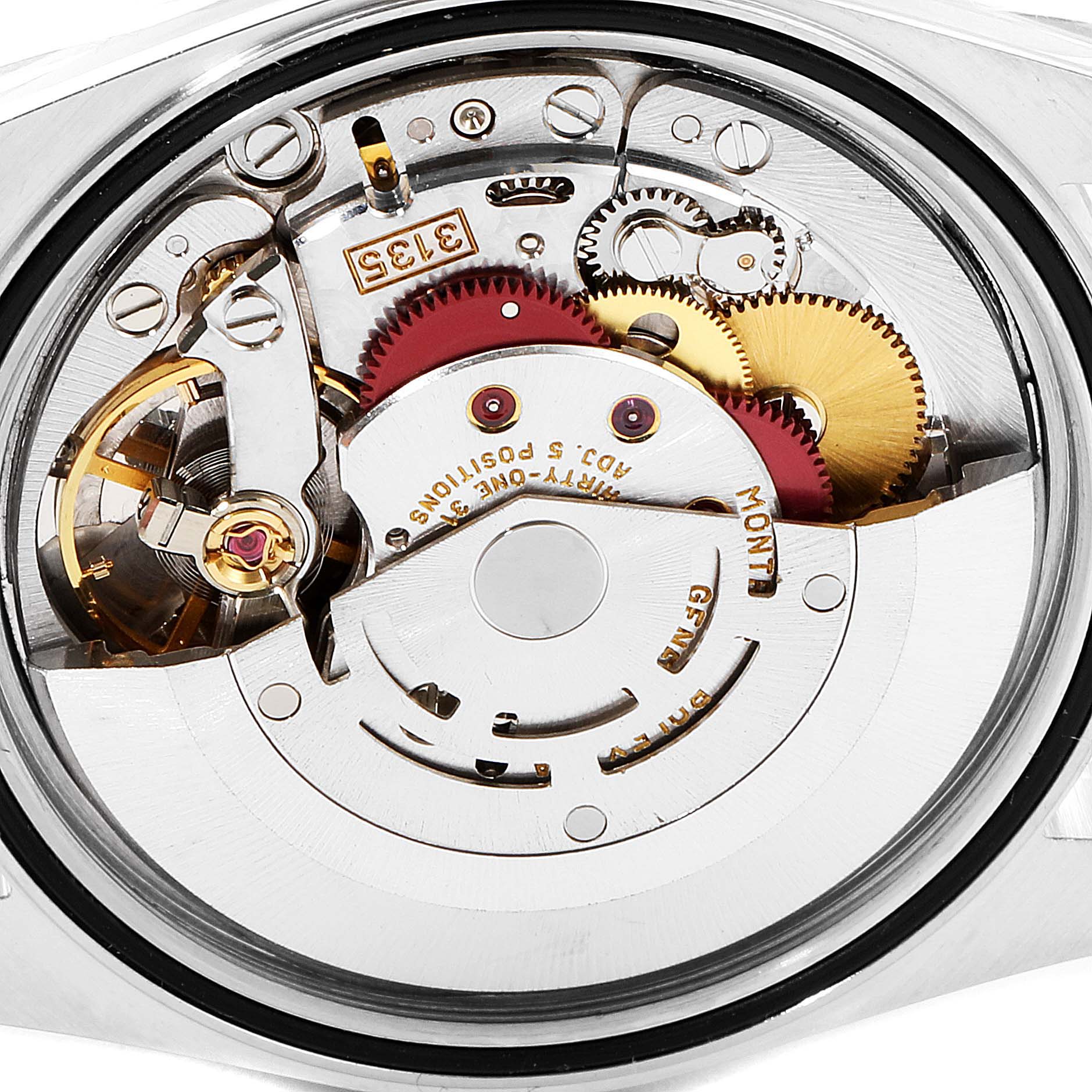 This is an internal view of the movement mechanism of a Rolex Datejust 16233 Men's Steel and Gold (two tone) Mother of Pearl Dial 16233 Men's Steel and Gold (two tone) Mother of Pearl Dial watch.
