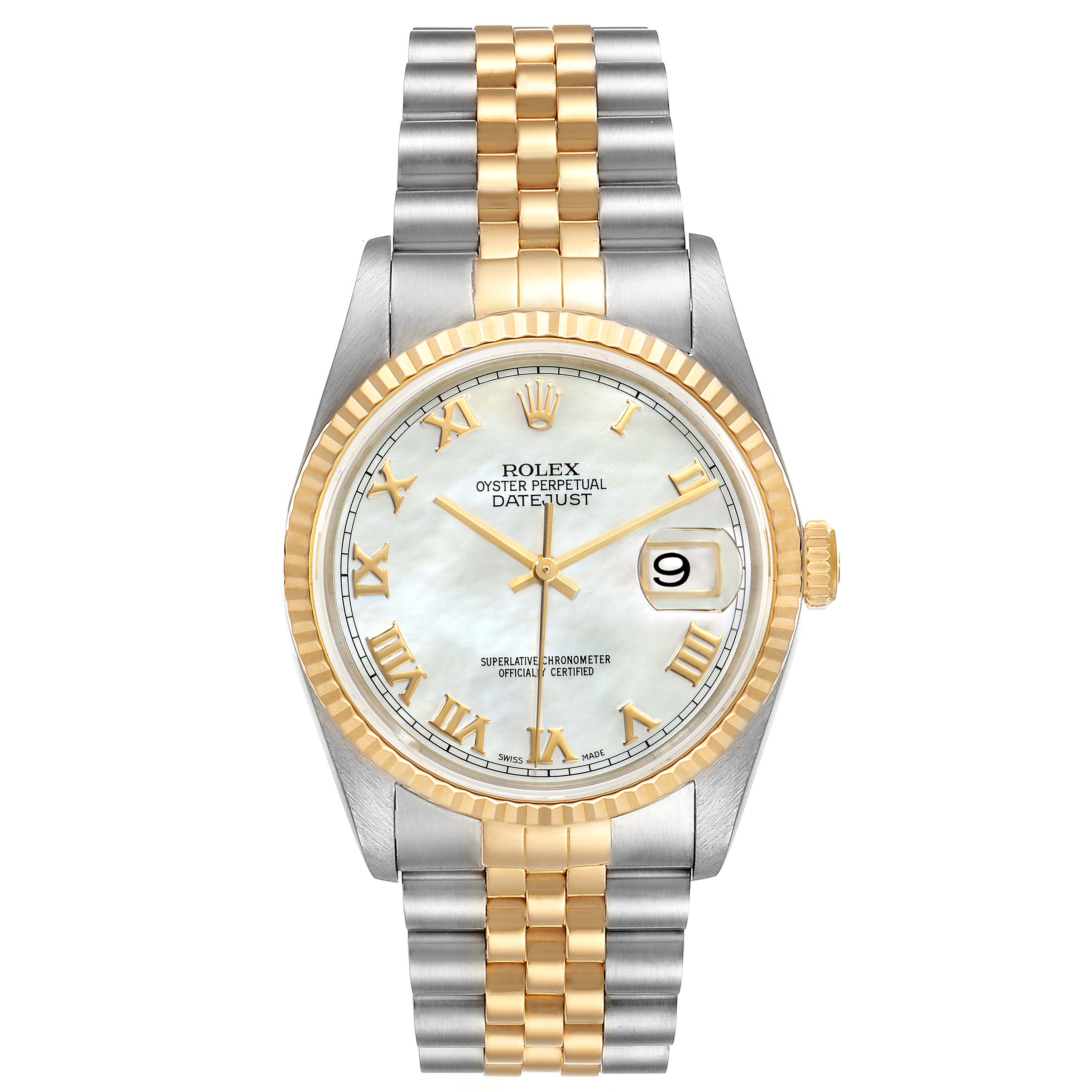 The image shows a front view of a Rolex Datejust 16233 Men's Steel and Gold (two tone) Mother of Pearl Dial 16233 Men's Steel and Gold (two tone) Mother of Pearl Dial watch with a two-tone bracelet, a gold fluted bezel, and a white dial.
