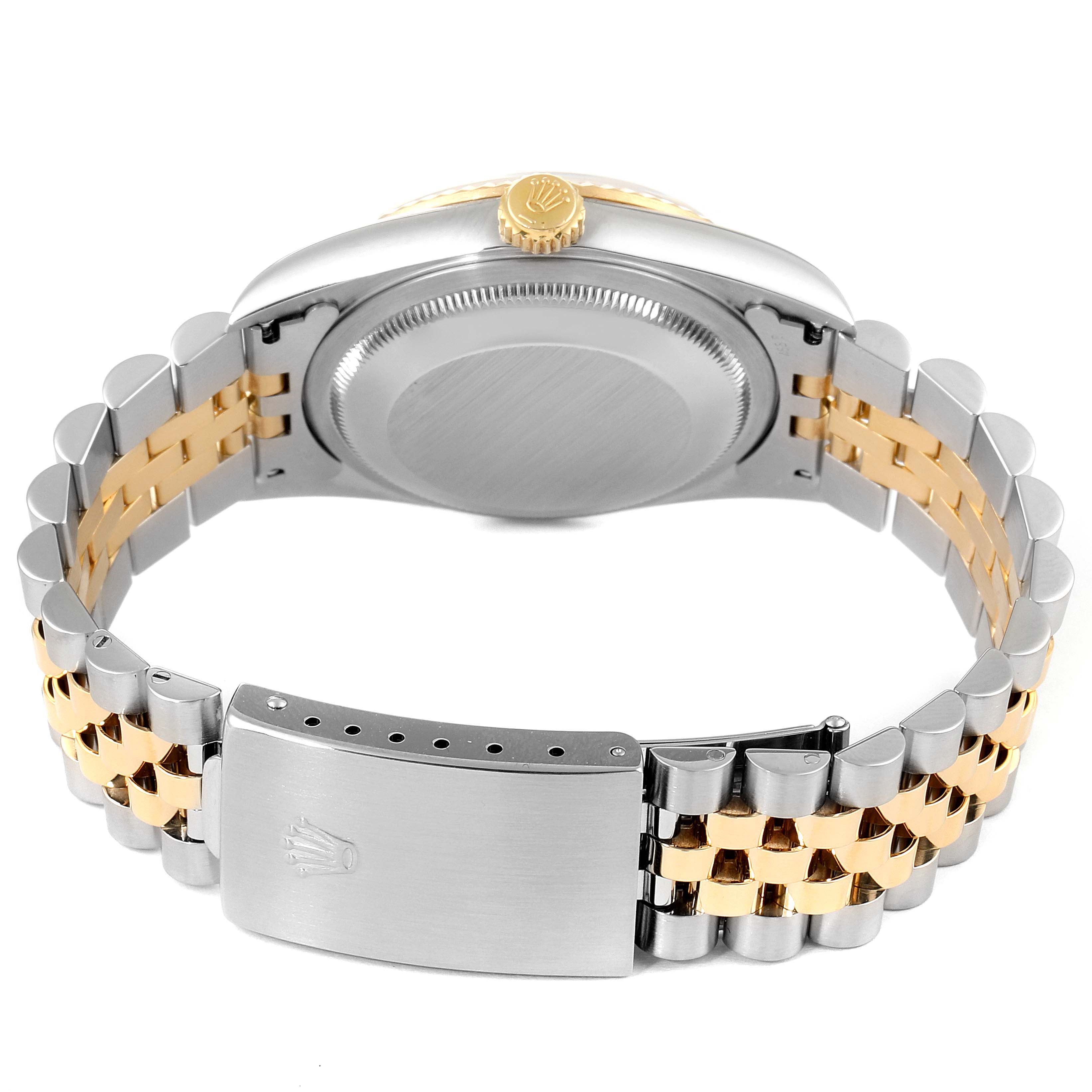 This image displays the back and clasp of a Rolex Datejust 16233 Men's Steel and Gold (two tone) Mother of Pearl Dial 16233 Men's Steel and Gold (two tone) Mother of Pearl Dial watch, highlighting its two-tone bracelet and crown.