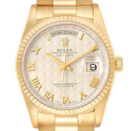 The image shows a frontal view of a Rolex President 18238 Men's Yellow Gold Beige Dial 18238 Men's Yellow Gold Beige Dial Day-Date watch focusing on its dial, bezel, and part of the bracelet.