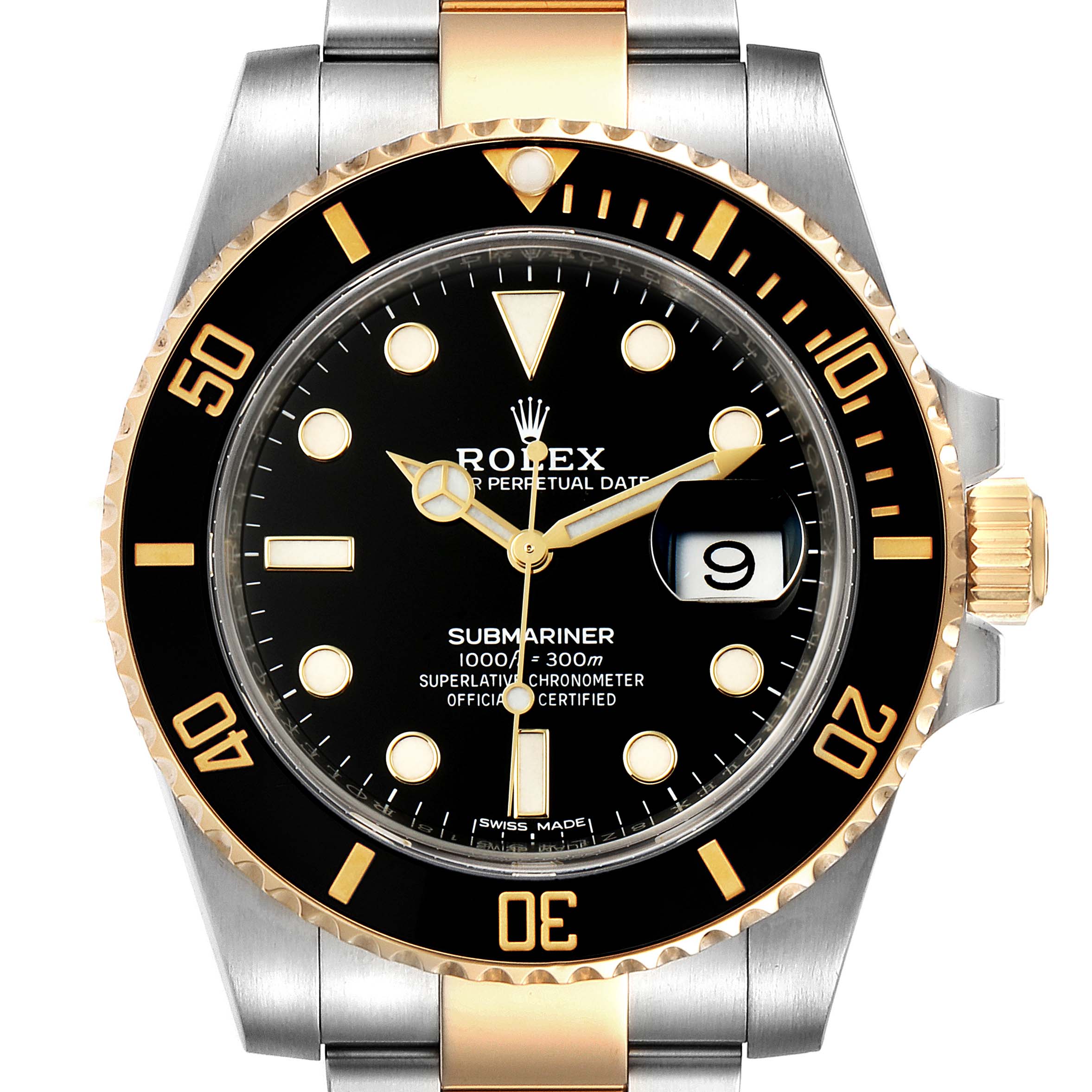 The image shows a frontal view of the Rolex Submariner 116613 Men's Steel and Gold (two tone) Black Dial 116613 Men's Steel and Gold (two tone) Black Dial watch, highlighting the bezel, dial, hands, and bracelet.