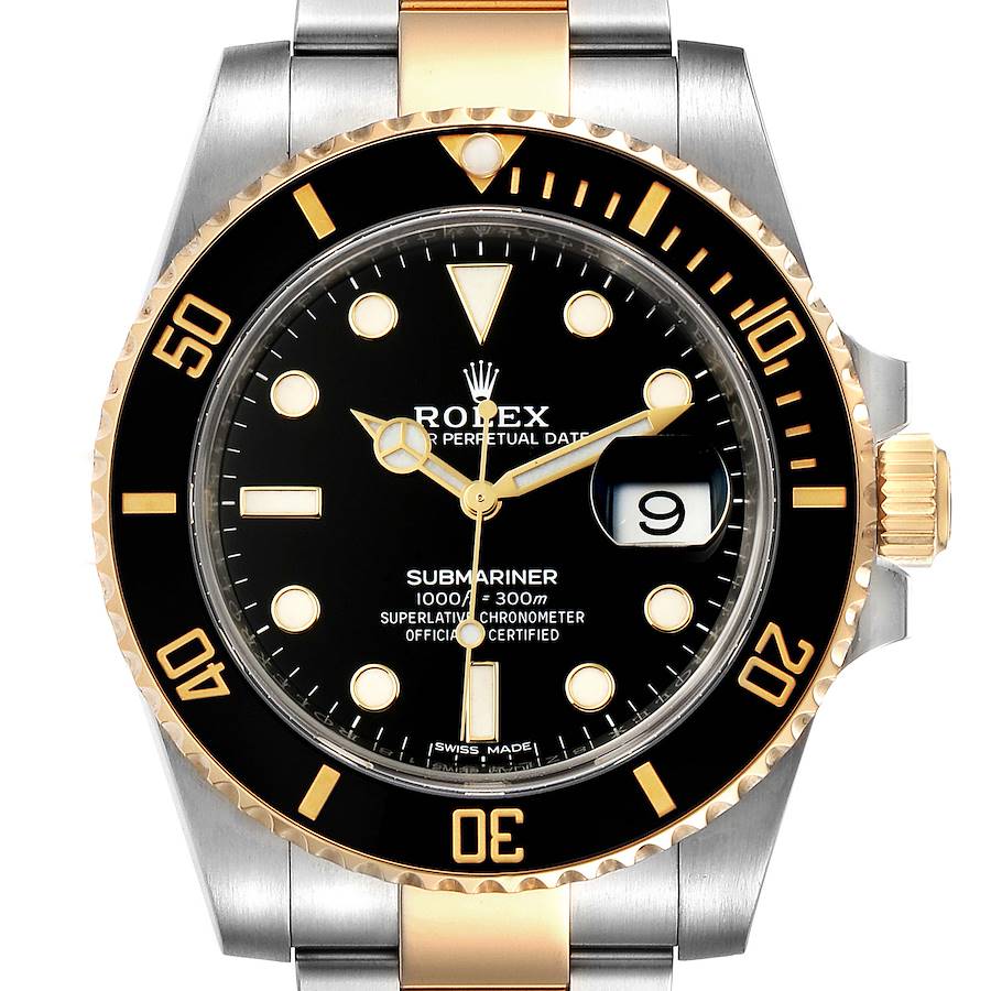 The image shows a frontal view of the Rolex Submariner 116613 Men's Steel and Gold (two tone) Black Dial 116613 Men's Steel and Gold (two tone) Black Dial watch, highlighting the bezel, dial, hands, and bracelet.