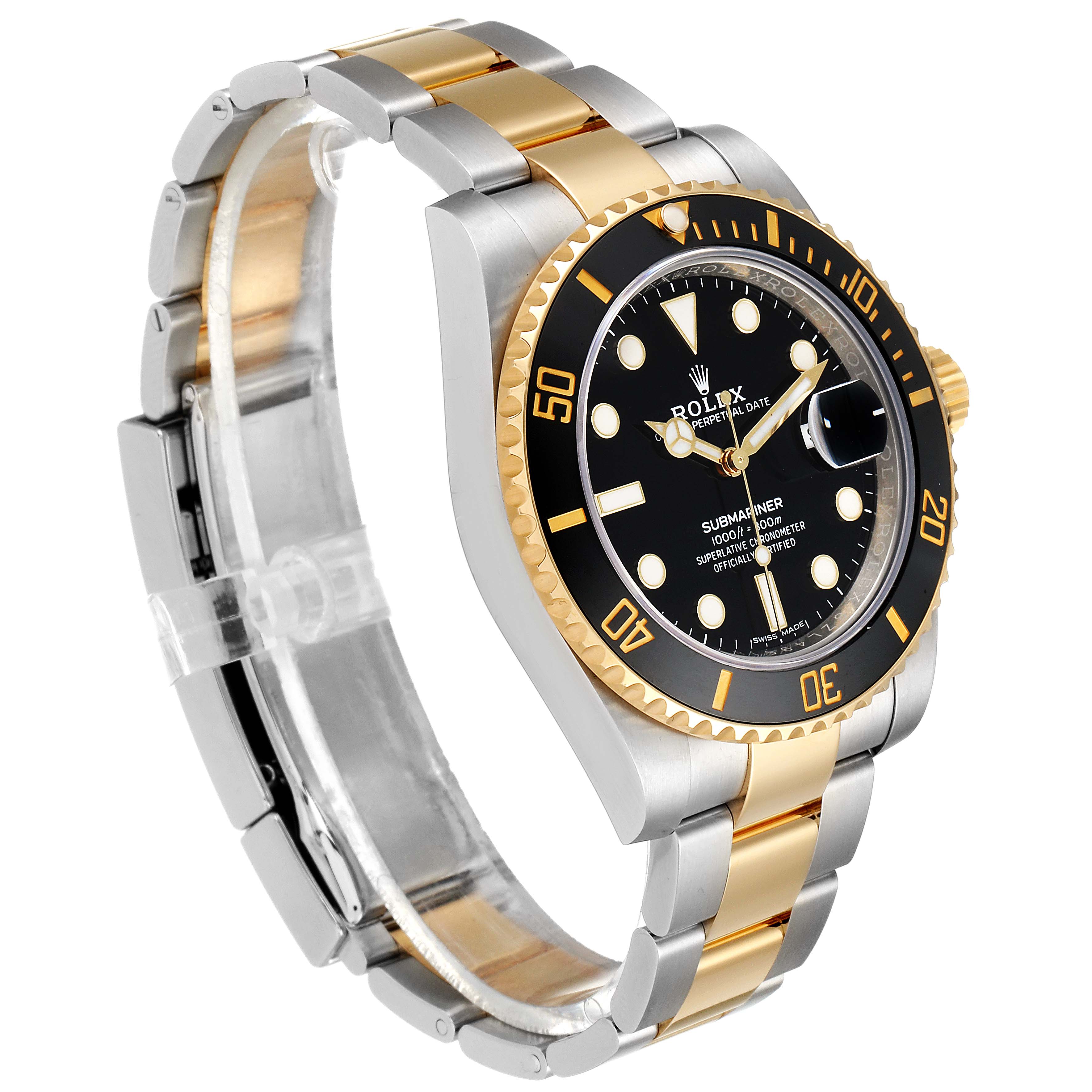 The image shows a side angle of a Rolex Submariner 116613 Men's Steel and Gold (two tone) Black Dial 116613 Men's Steel and Gold (two tone) Black Dial watch, highlighting its black dial, bezel, and two-tone bracelet.