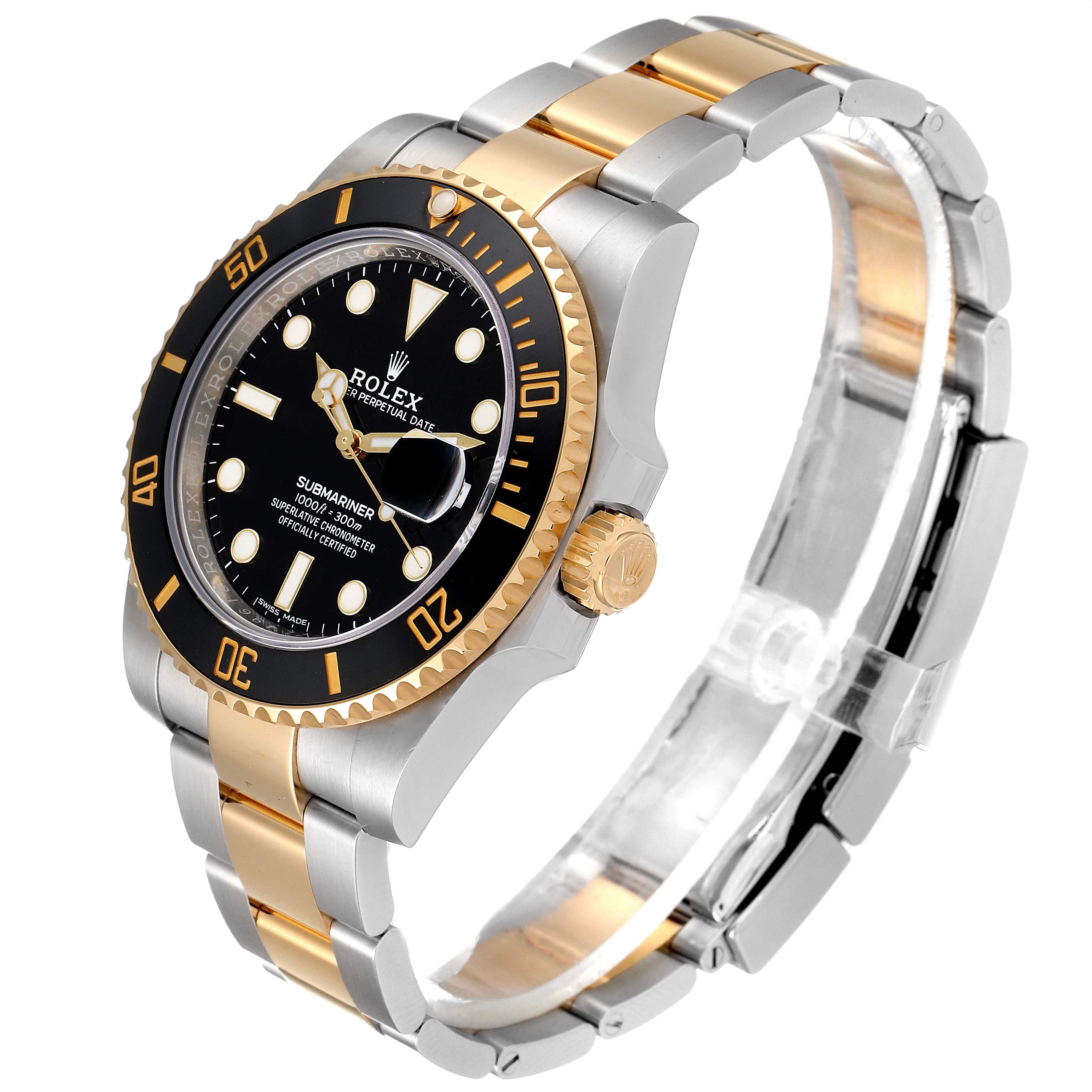 The image shows a Rolex Submariner 116613 Men's Steel and Gold (two tone) Black Dial 116613 Men's Steel and Gold (two tone) Black Dial watch from a side angle highlighting its band, bezel, and dial.
