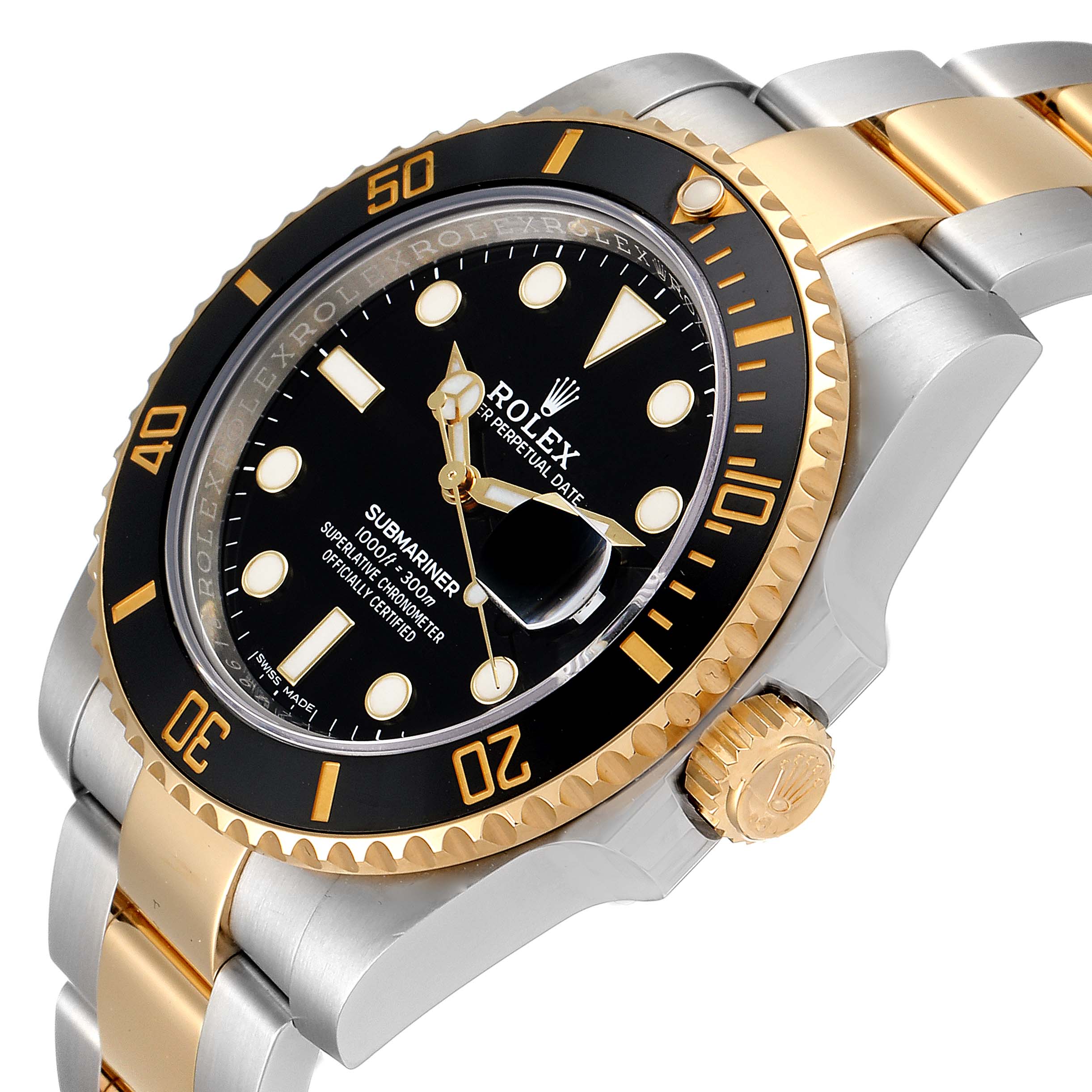 The image shows a close-up angled view of the Rolex Submariner 116613 Men's Steel and Gold (two tone) Black Dial 116613 Men's Steel and Gold (two tone) Black Dial watch, highlighting its bezel, crown, dial, and part of the bracelet.