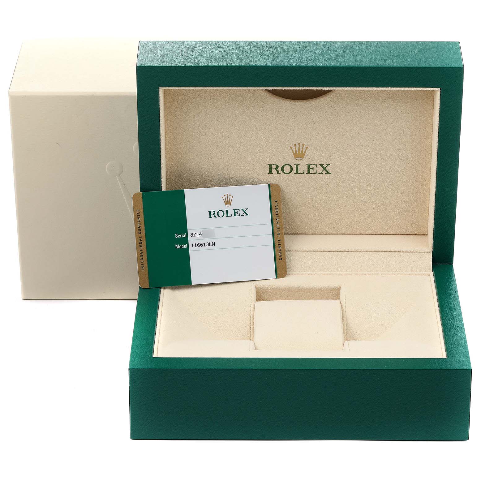 The image shows an open box for a Rolex Submariner 116613 Men's Steel and Gold (two tone) Black Dial 116613 Men's Steel and Gold (two tone) Black Dial with a model card inside, viewed from the front.