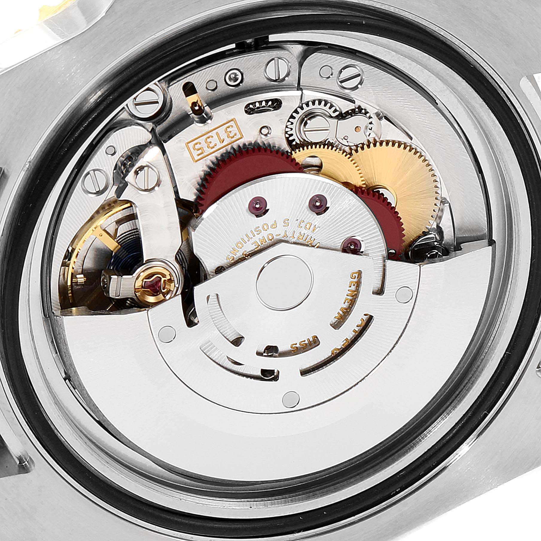 The image shows an internal view of the Rolex Submariner 116613 Men's Steel and Gold (two tone) Black Dial 116613 Men's Steel and Gold (two tone) Black Dial watch movement mechanism from a straight-above angle.