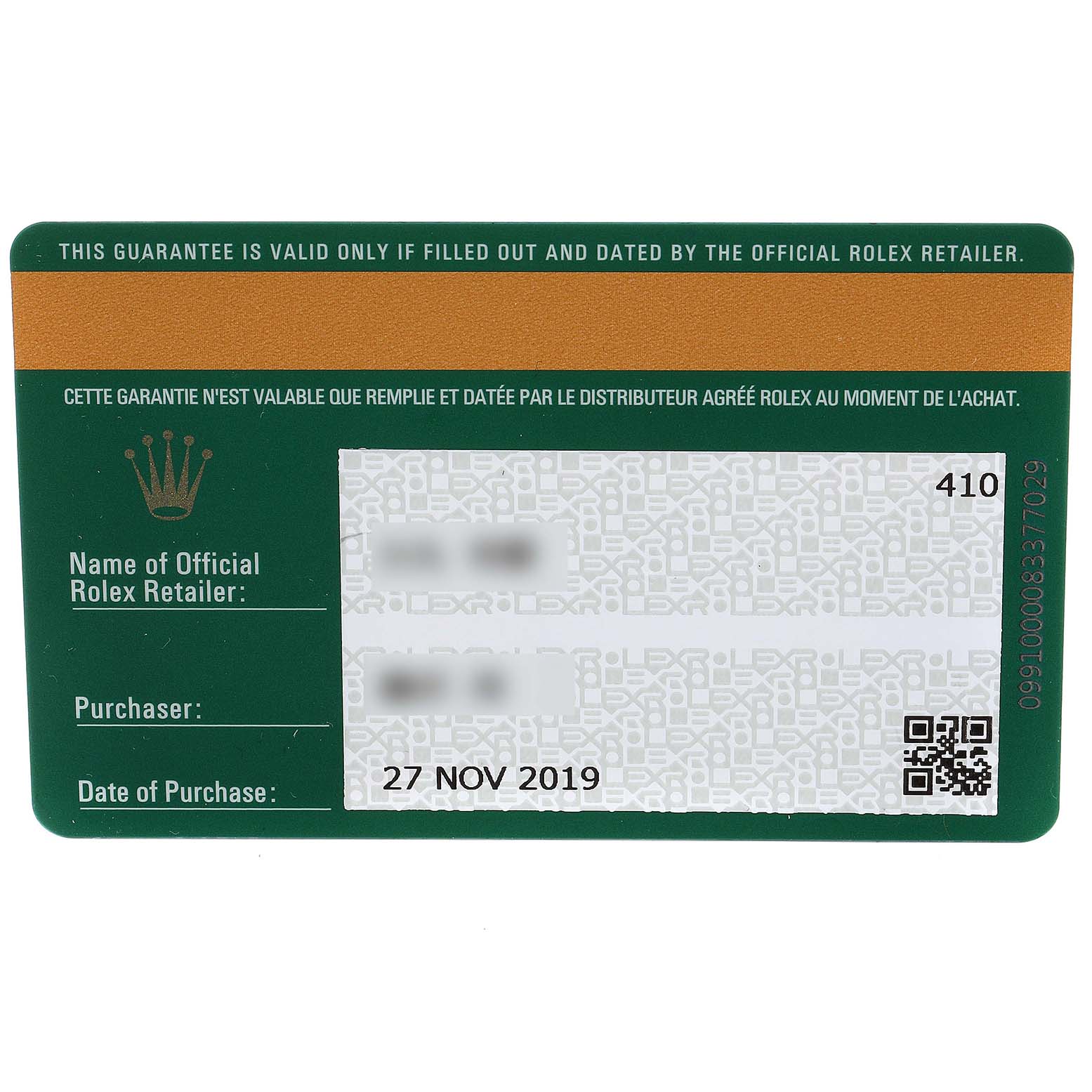 The image shows a warranty card for a Rolex Submariner 116613 Men's Steel and Gold (two tone) Black Dial 116613 Men's Steel and Gold (two tone) Black Dial, including retailer name, purchaser details, and date of purchase.