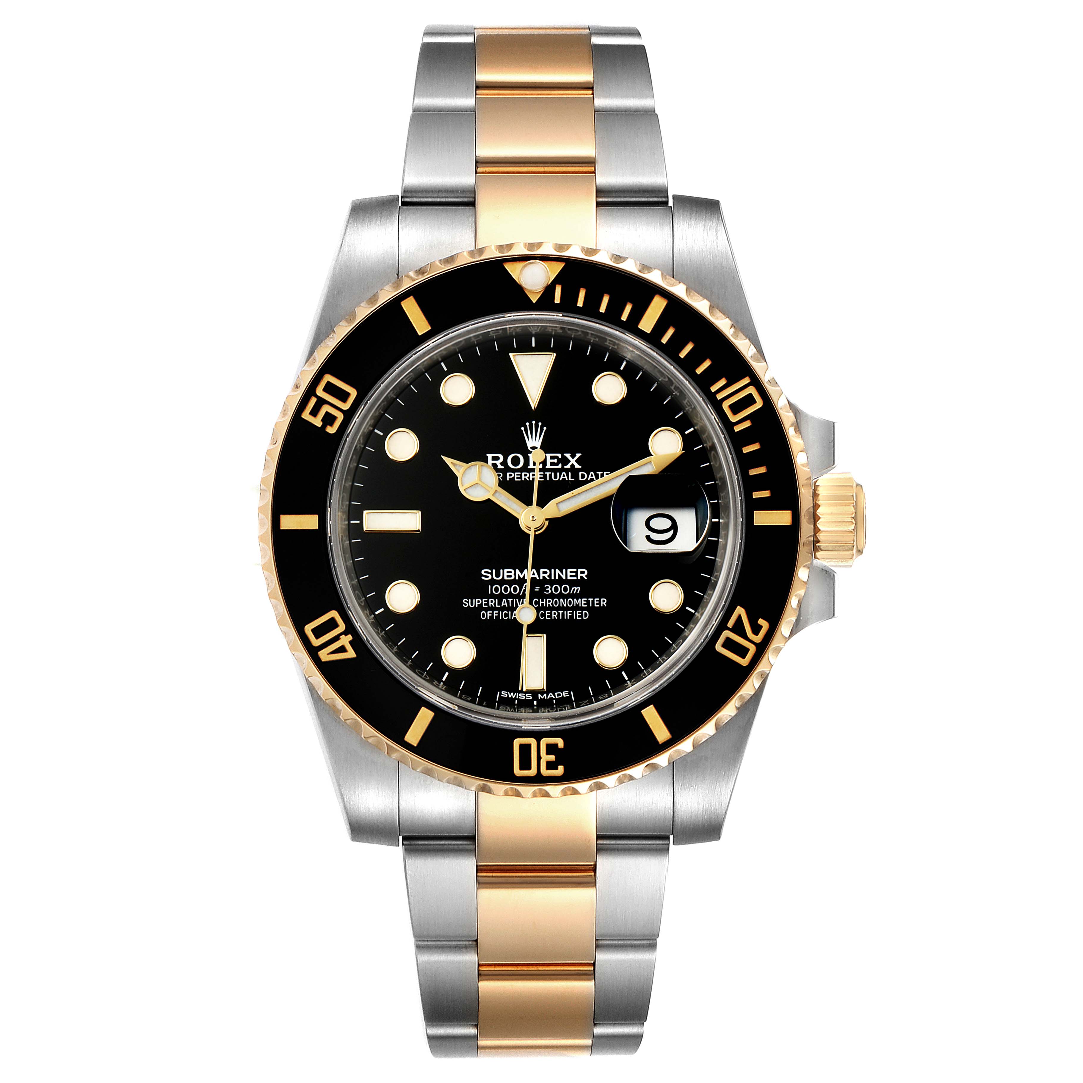 The image shows a front view of a Rolex Submariner 116613 Men's Steel and Gold (two tone) Black Dial 116613 Men's Steel and Gold (two tone) Black Dial watch, highlighting its black dial, rotating bezel, and two-tone bracelet.