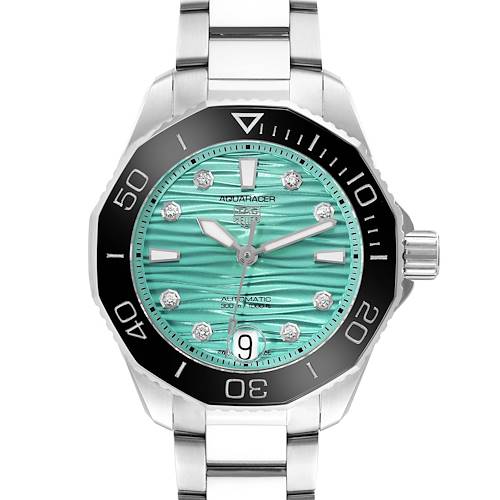 The image shows a front view of a Tag Heuer Aquaracer WBP231K.BA0618 Women's Stainless Steel Green Dial WBP231K.BA0618 Women's Stainless Steel Green Dial watch, highlighting its turquoise dial, bezel, and bracelet.