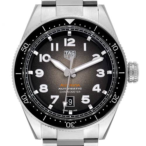 This image displays a front view of a Tag Heuer Autavia WBE5114.EB0173 Men's Stainless Steel Brown Dial WBE5114.EB0173 Men's Stainless Steel Brown Dial watch, highlighting the dial, bezel, and crown.
