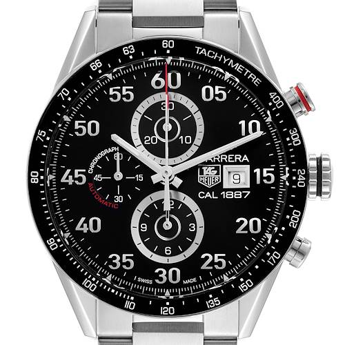 The image shows a Tag Heuer Carrera CAR2A10.BA0799 Men's Stainless Steel Black Dial CAR2A10.BA0799 Men's Stainless Steel Black Dial model watch from the front, highlighting its chronograph dials and tachymeter scale.