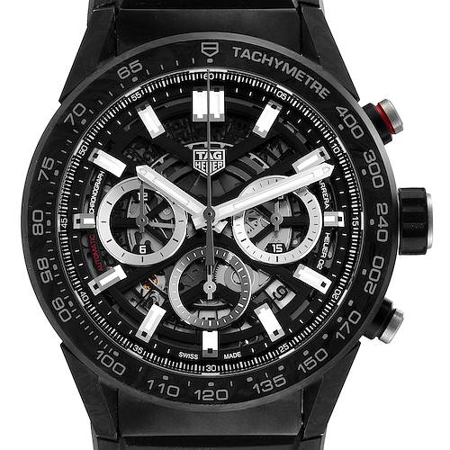 The image shows a close-up, front-facing view of a Tag Heuer Carrera CBG2A91.FT6173 Men's Stainless Steel Black Dial CBG2A91.FT6173 Men's Stainless Steel Black Dial watch, displaying its dial and chronograph features.
