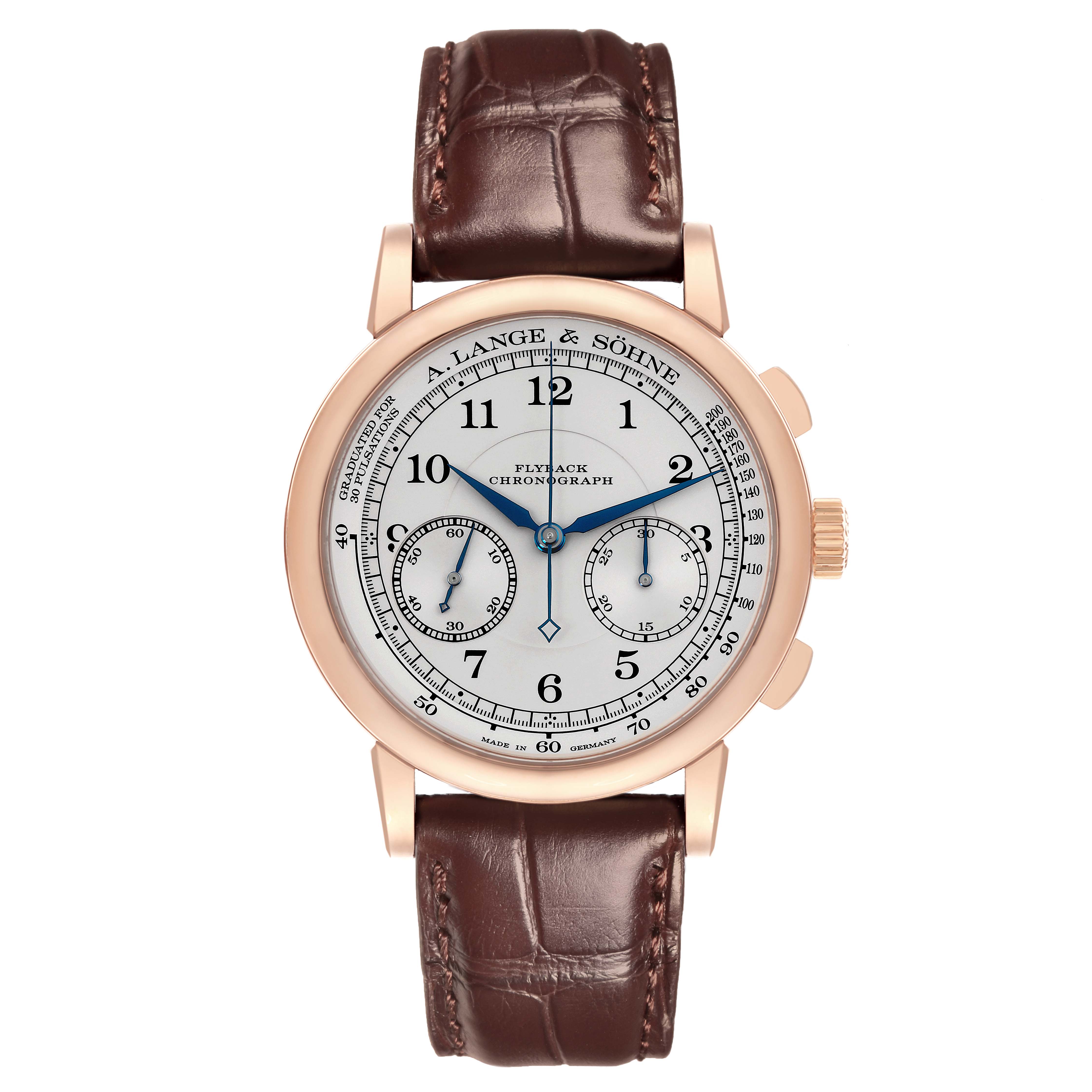 The image shows a frontal view of the A. Lange & Sohne 1815 414.032 Men's Rose Gold Silver Dial watch, displaying the dial and leather strap.